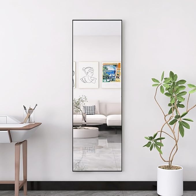 DAHUEN Specchio da appoggio 162 x 53 cm, specchio da pavimento rettangolare a piena lunghezza, specchio da parete da appendere o da appoggiare, con telaio in alluminio nero, per bagno, camera da