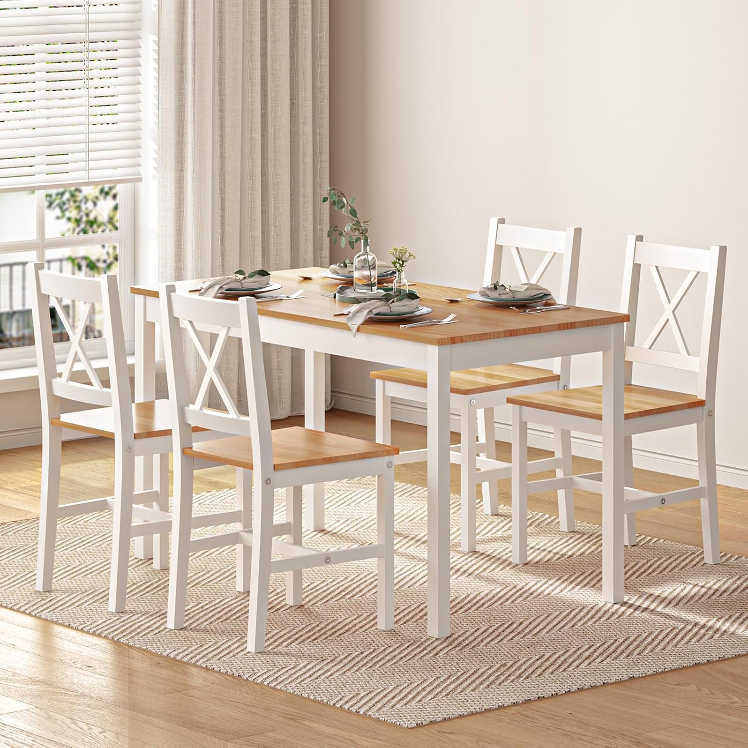 DlandHome Set di 5 pezzi tavolo da pranzo con 4 sedie, set di mobili da cucina in legno di pino teak/bianco