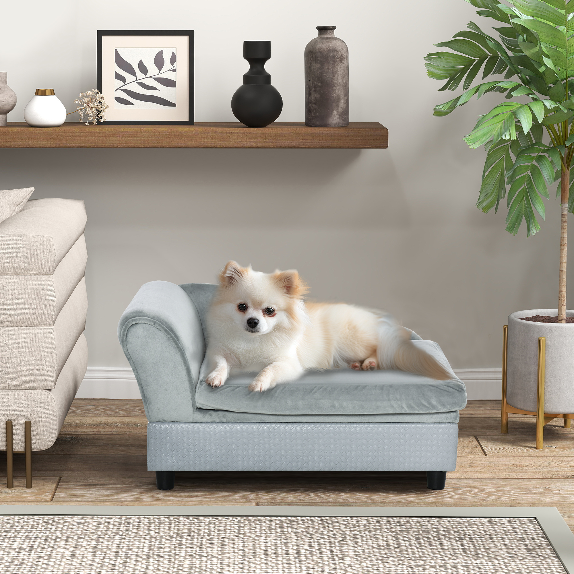 PawHut Haustiersofa mit Stauraum, weichem Kissen, bis 15 kg Tragkraft, Plüschbezug, Hartholzrahmen, Hellgrau