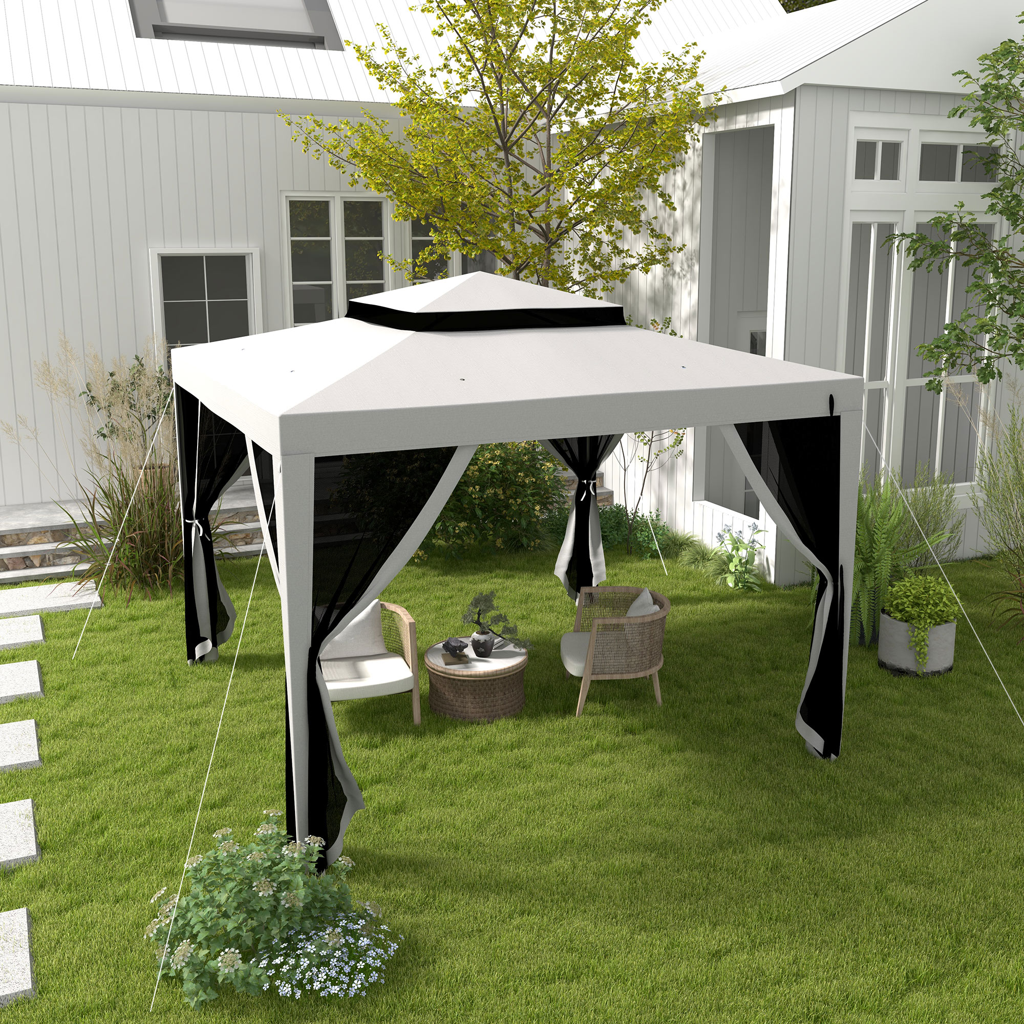 Outsunny Gartenpavillon 3L x 3B m mit 4 abnehmbaren Moskitonetzen - Doppeltes Dach - Grau