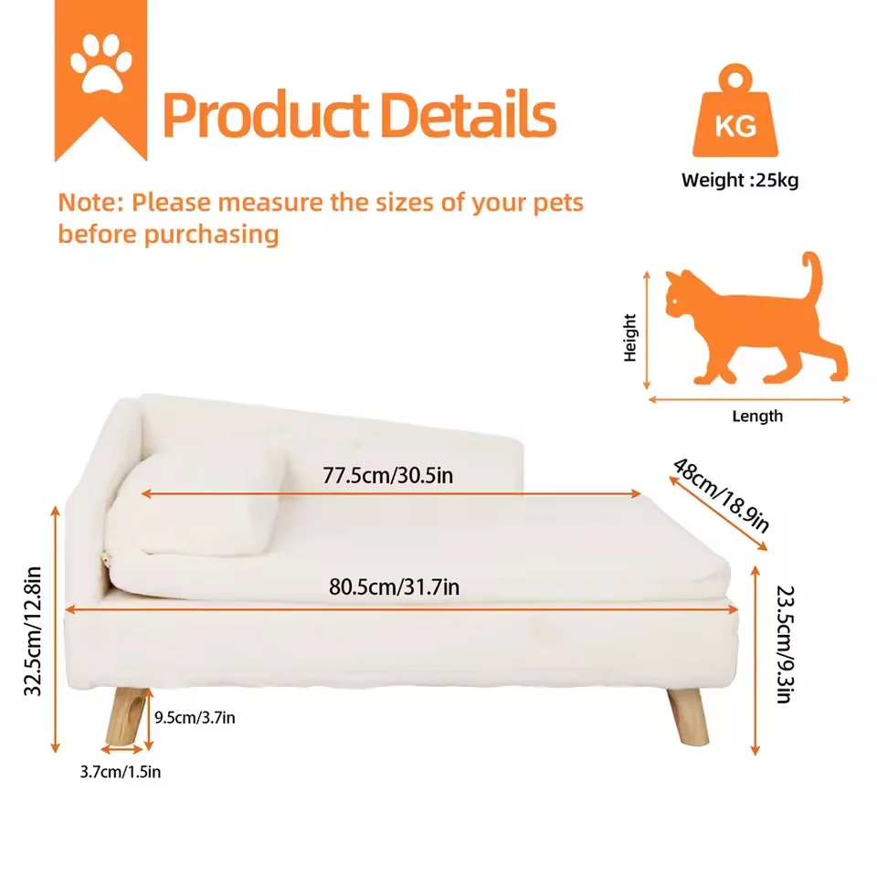 Elevated Pet Sofa Bed �C L-Shape Chaise with Cushion, Pillow & Rubber Wood Legs