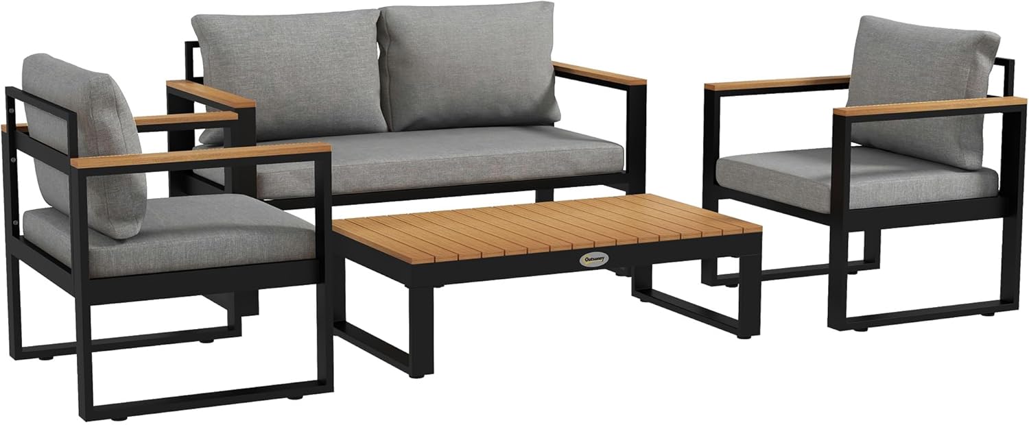 Outsunny 4-Piece Garden Living Room with Outdoor Sofa, 2 Armchairs and Coffee Table, Outdoor Set in Aluminium and Wood Effect Slats, Grey