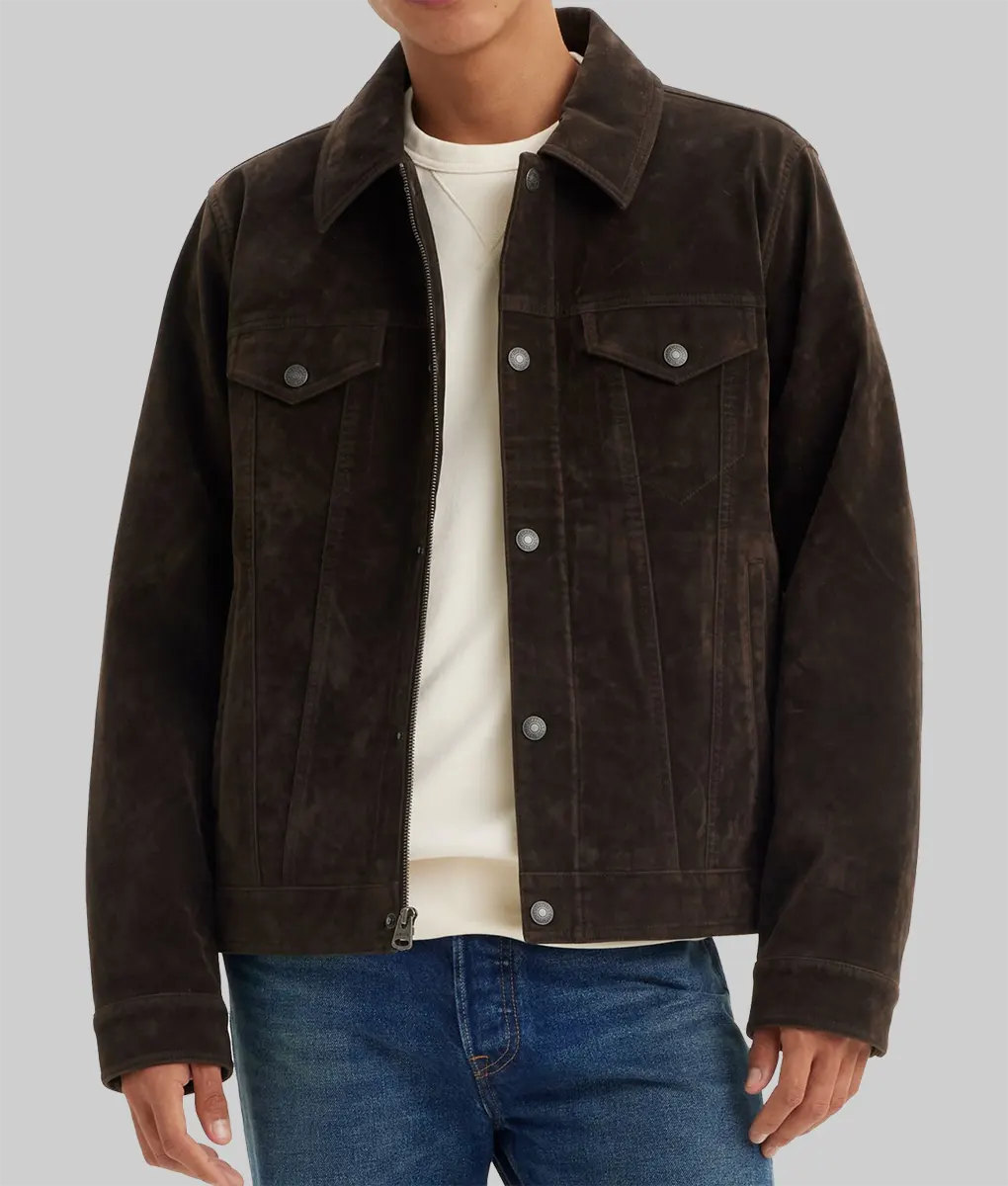 Otis Dark Brown Suede Trucker Jacket