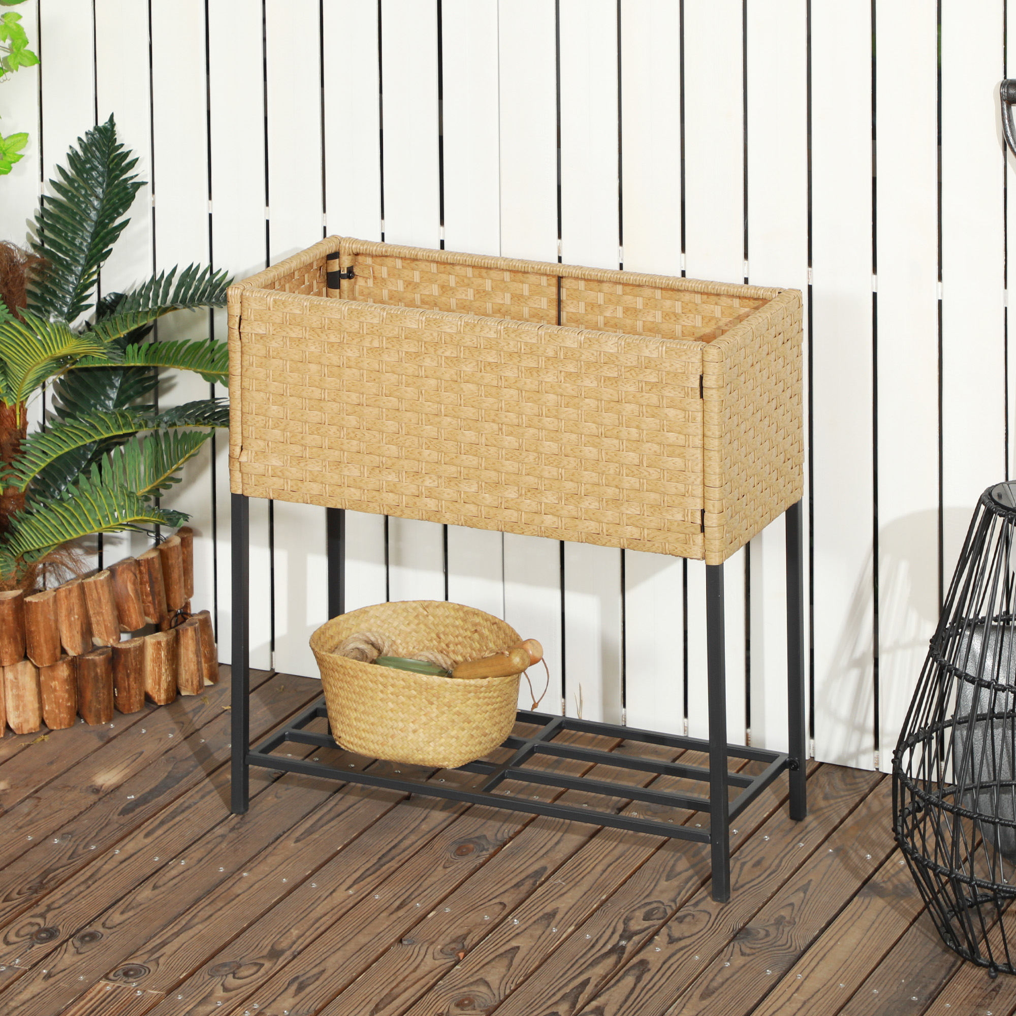 Outsunny Hochbeet, Blumenkasten, tiefe Ablage, Metallrahmen/Polyrattan, 70 x 30 x 72 cm, Sandfarben