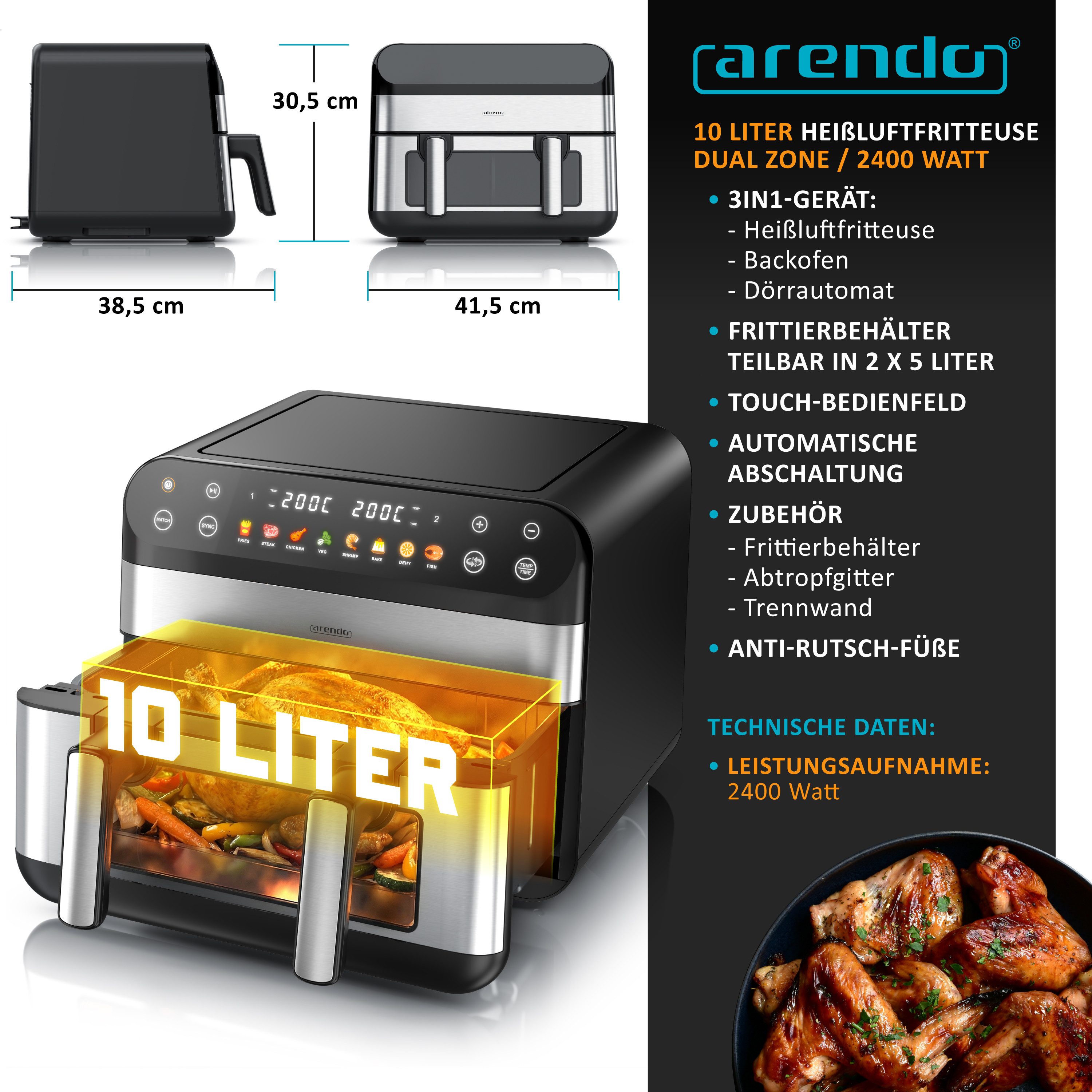 Heißluftfritteuse Airfryer XXL mit beleuchtetem Sichtfenster, Pre Heat & Turn-Food