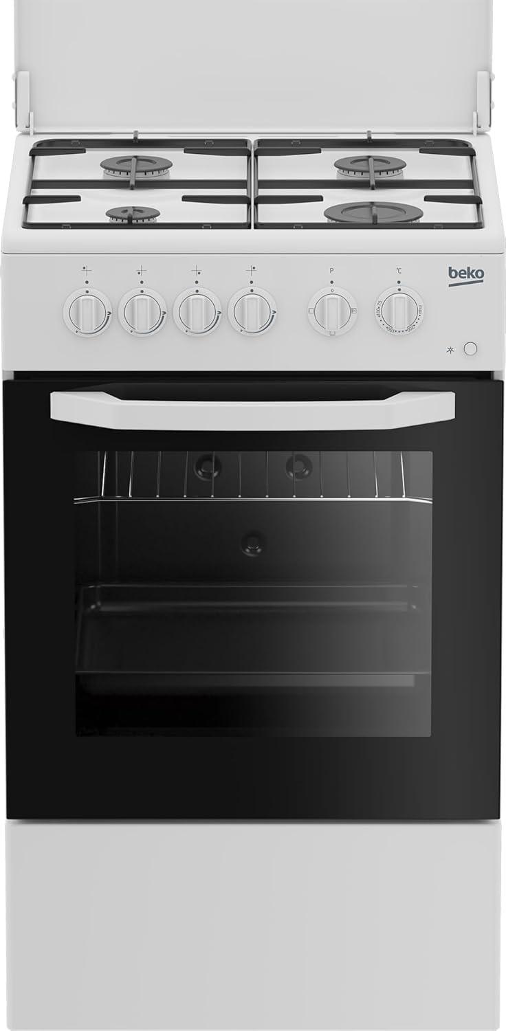 Beko - FSS52020DW - Cucina 50x60, Forno Elettrico Statico + Piano con 4 bruciatori a gas e griglie a piattina, Classe A, Controllo Meccanico, Colore Bianco, Dimensioni HxLxP: 85,0 x 50,0 x 60,0
