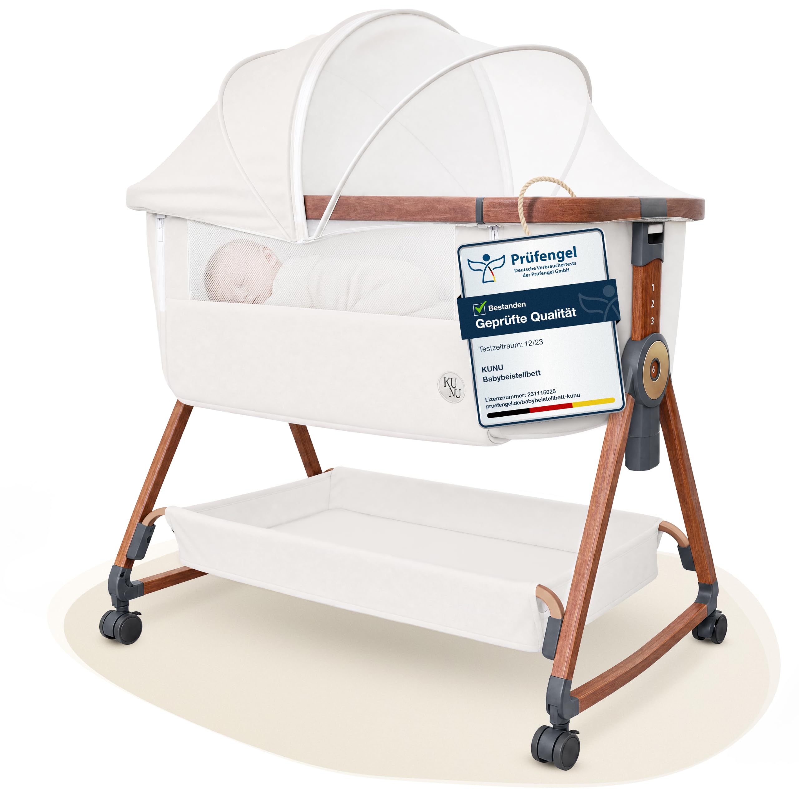 3-in-1 Babybett Beistellbett mit Rollen und Wiegefunktion, höhenverstellbar in 6 Stufen, inkl. Reisetasche