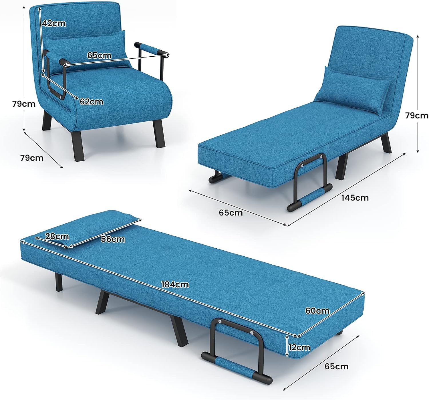 COSTWAY Poltrona Letto, 4 in 1 Poltroncina Pieghevole con Schienale Regolabile in 6 Posizioni, Sedile Imbottito Robusto, Divano Letto Singolo per Casa Ufficio, 79x65x79 cm (Blu)