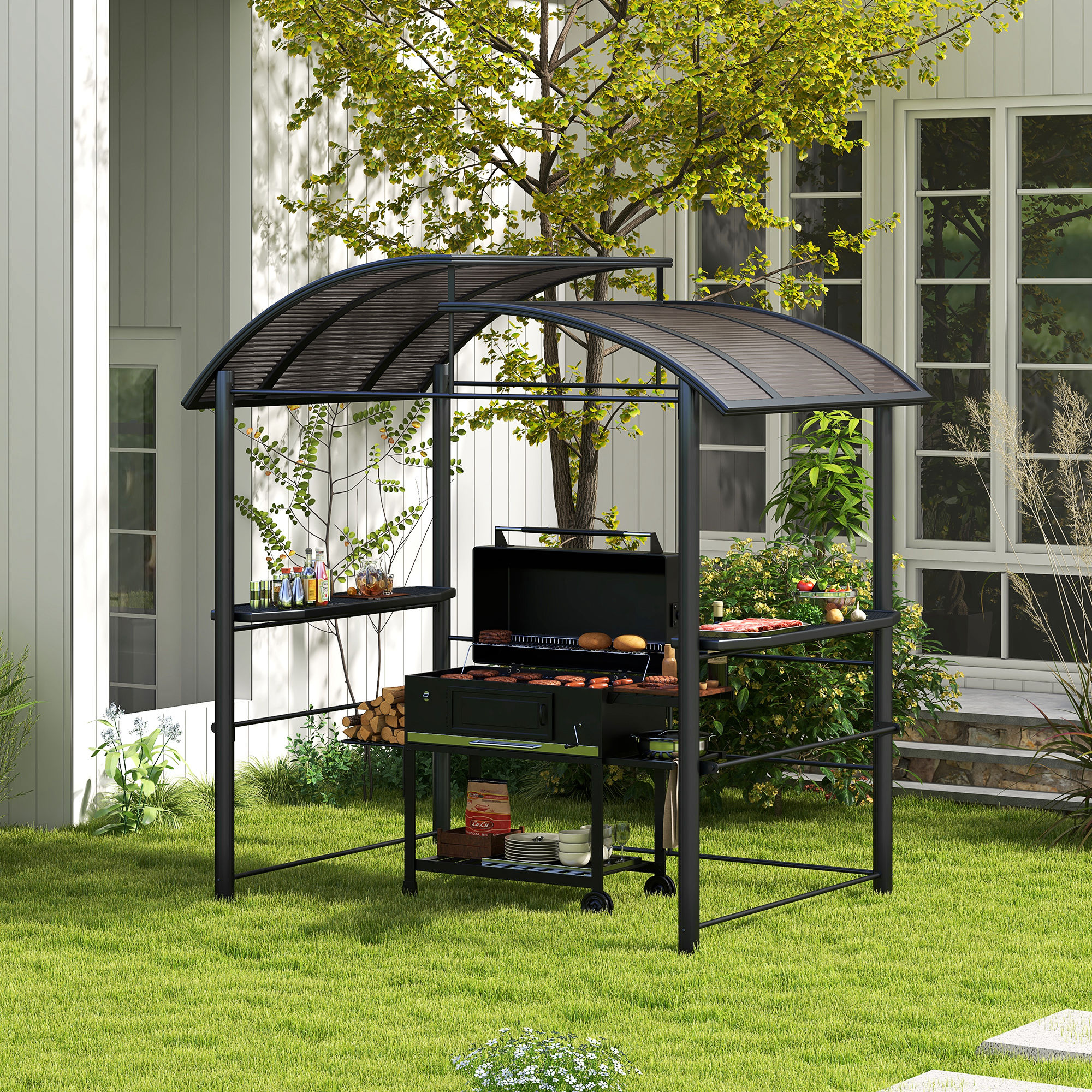 Outsunny Grillpavillon  Grilldach Grilldach, wetterbeständig, 240 cm x 150 cm x 230 cm, Gelbbraun + Dunkelbraun