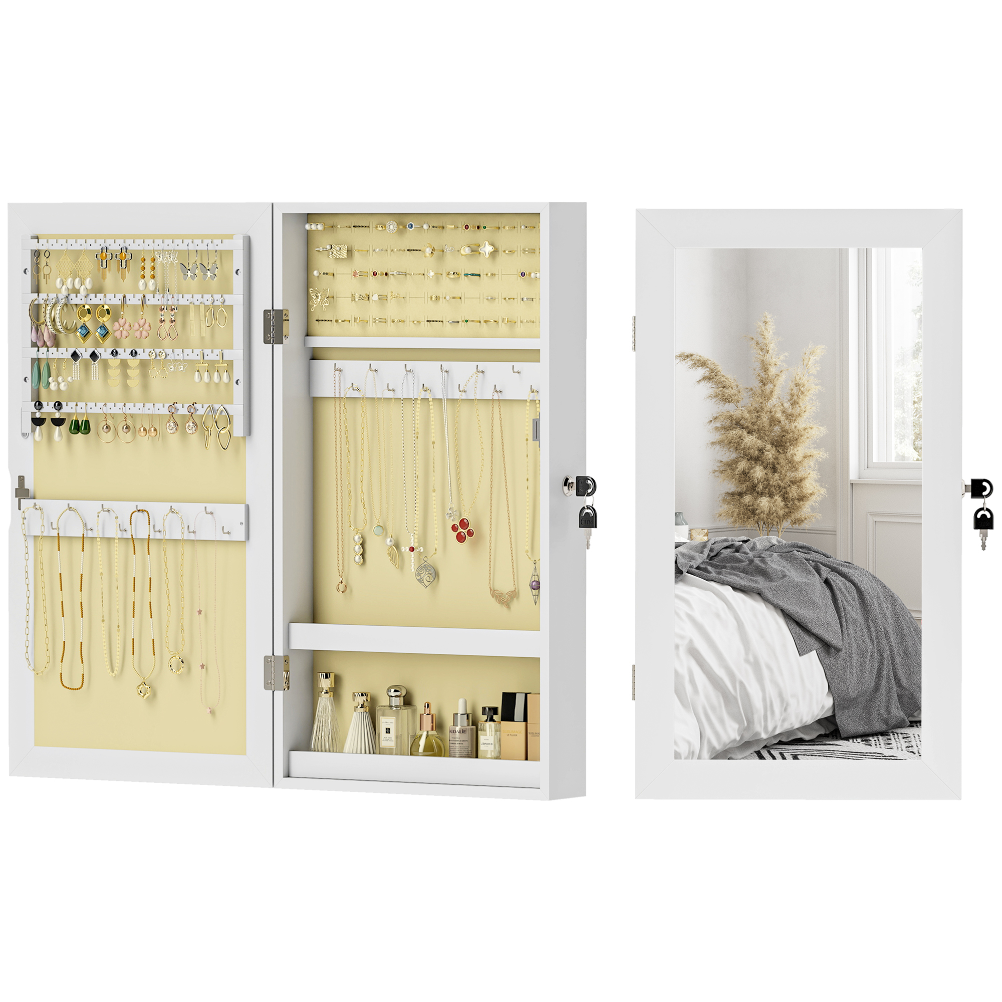 HOMCOM Schmuckschrank mit Spiegel und Wanddesign, aus Holz, 36,5x9,5x67 cm, Weiß
