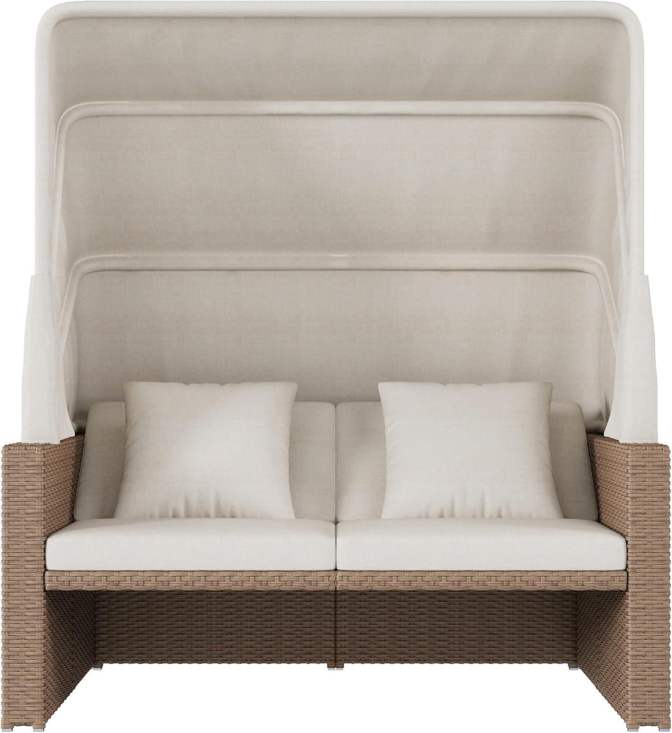 Polyrattan Gartenmöbel für 2-4 Personen, Gartensofa, Loungesofa, Verstellbarer Couchtisch, Abnehmbare Markise, PE-Rattan und Schwamm, Khaki