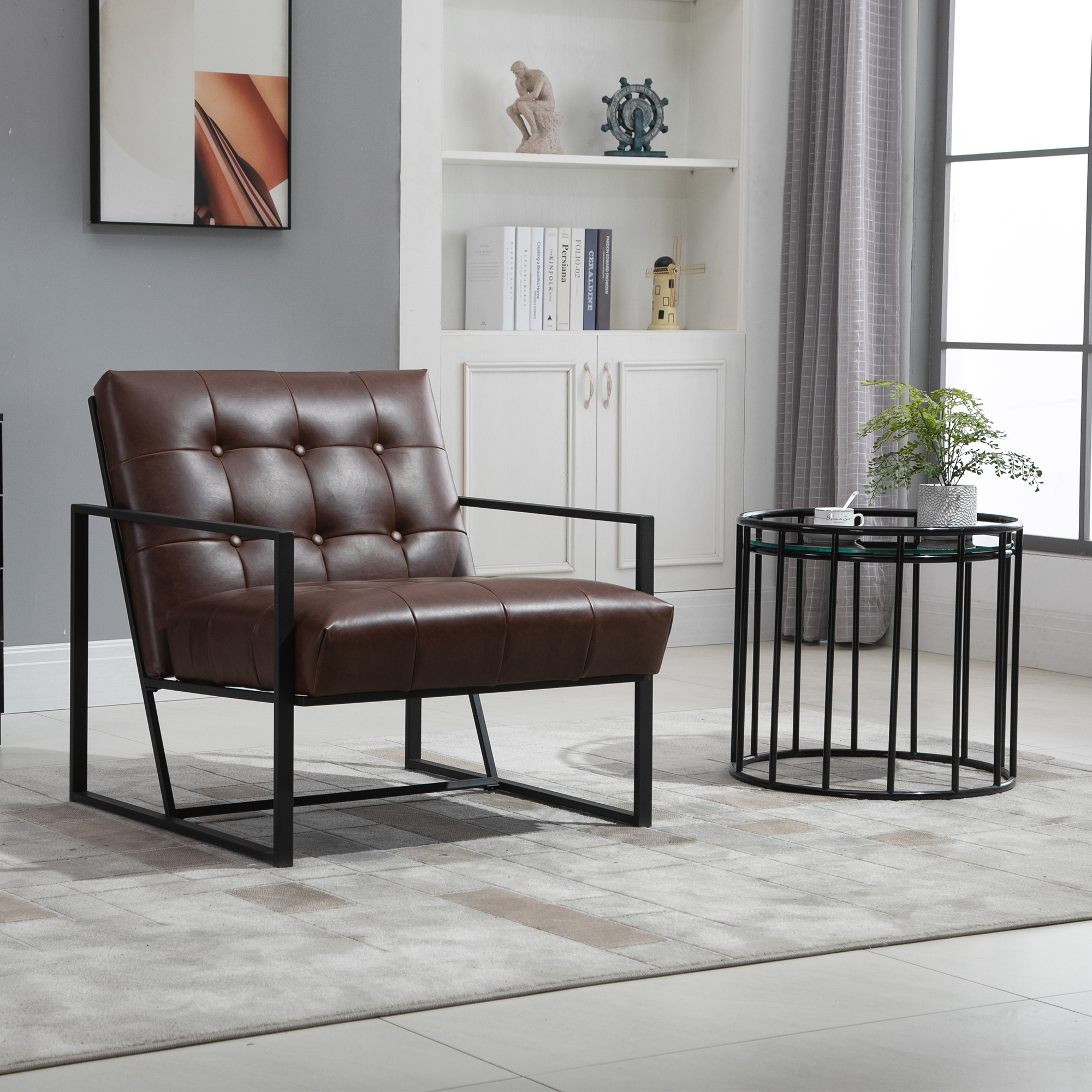 HOMCOM Lounge-Sessel Chesterfield Relaxsessel Sitzflächen und Rückenlehne gepolstertes Kunstleder Metallgestell Schwarz strapazierfähiger Überzug Schokolade