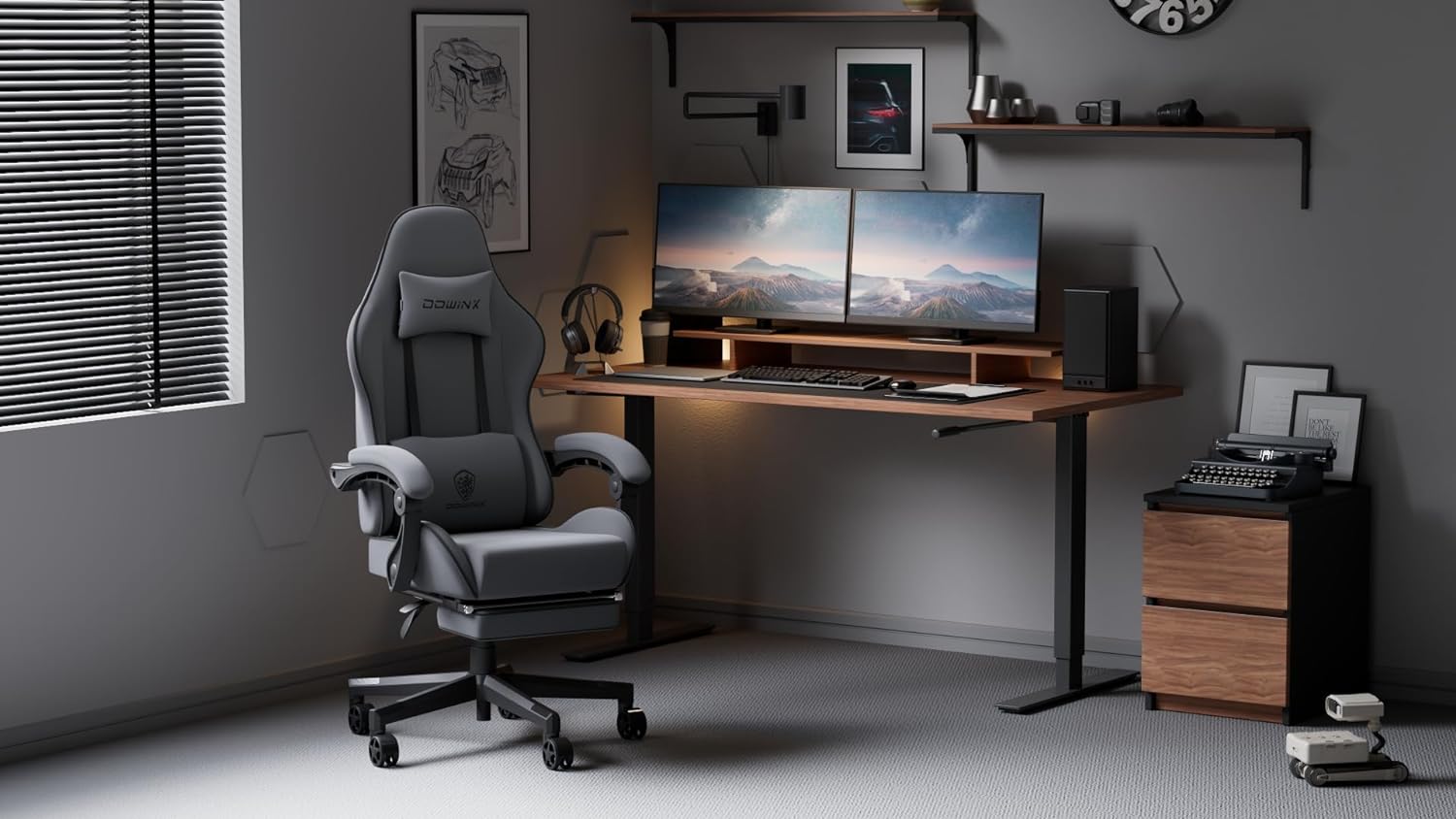 Dowinx Gaming Chair Fabric with Pocket Spring Cushion, Massage Game Chair Cloth with Headrest, Ergonomic Computer Chair with Footrest 290LBS, Black