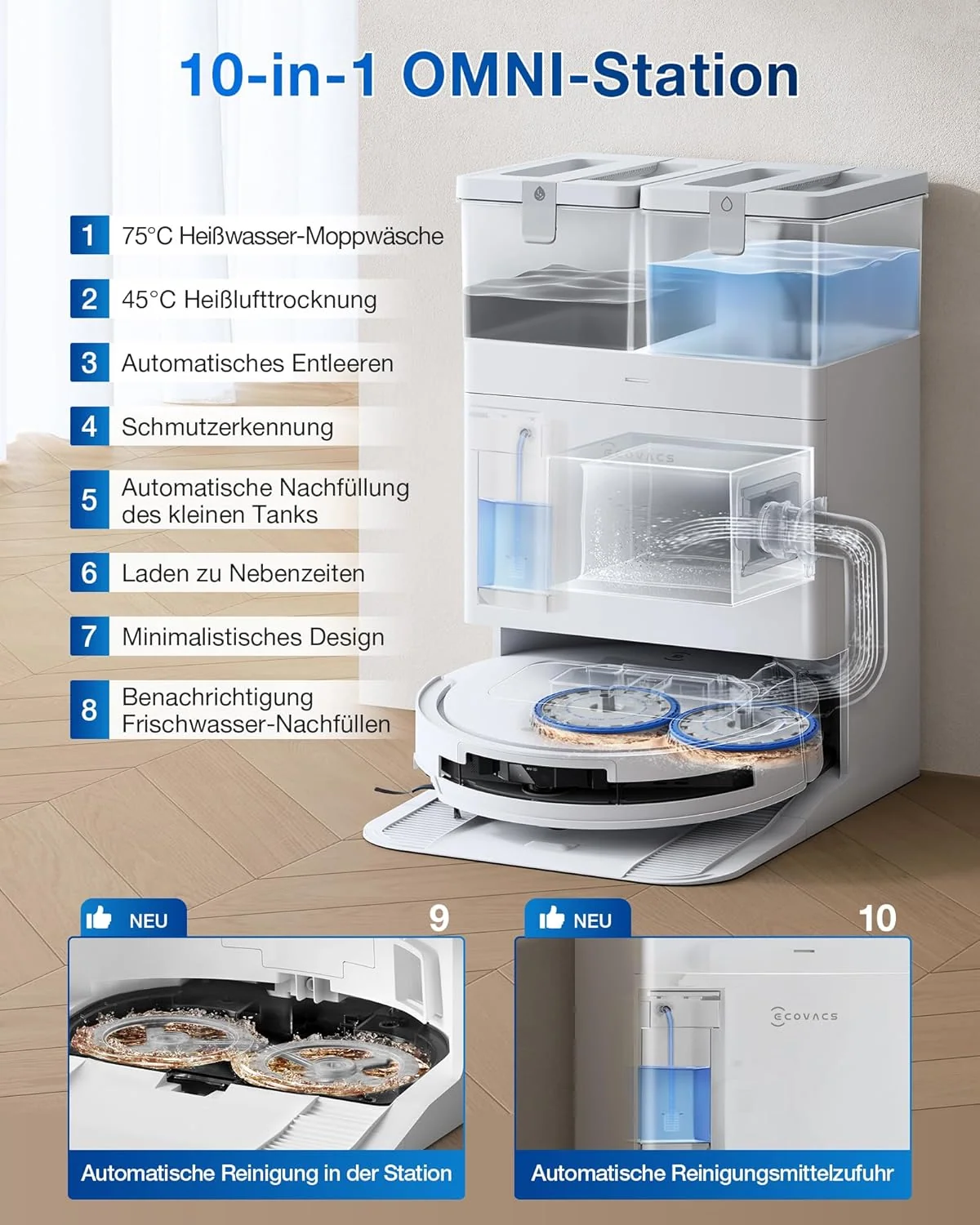ECOVACS DEEBOT T50 PRO Omni Saugroboter mit Wischfunktion, Ausfahrende Seitenbürste und Wischmopp, 15.000 Pa, T30 PRO OMNI-Upgrade, Auto Zugabe von Reinigungslösung, Moppwäsche mit 75°C heißem Wasser
