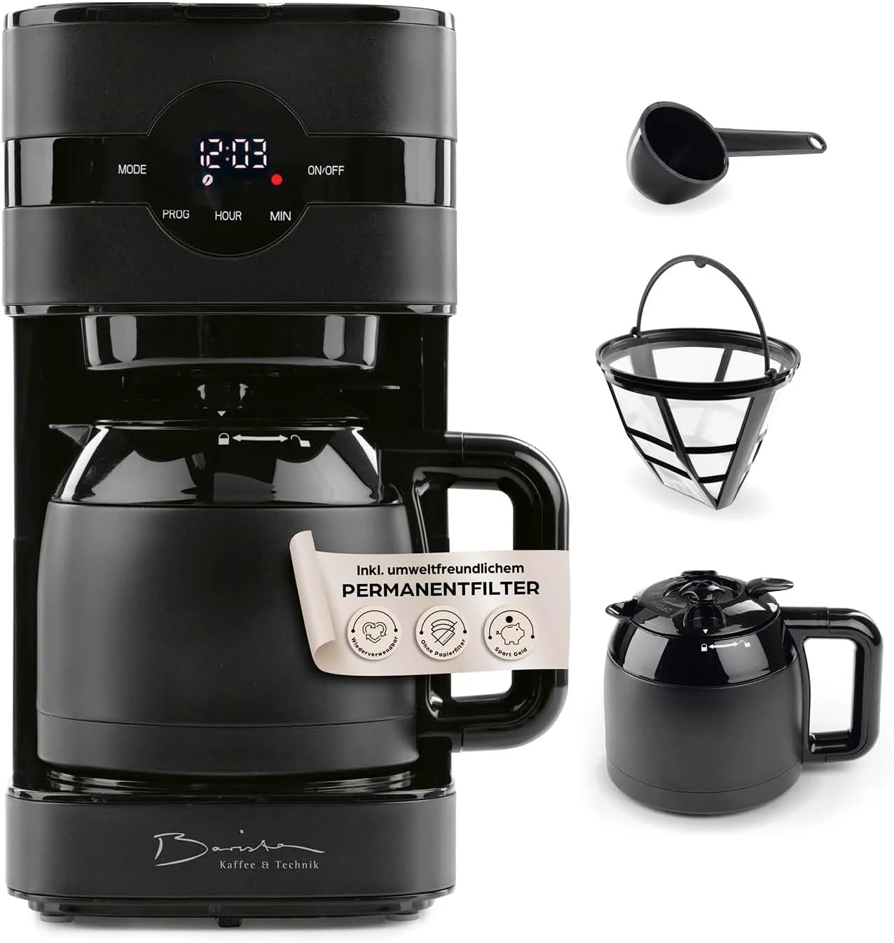 Barista filterkoffiezetapparaat met verstelbare molen & thermoskan | Warmhoudfunctie, 24-uurs timer & permanent filter | Voor 10 koppen koffie | Koffiezetapparaat voor bonen & poeder [roestvrij staal]