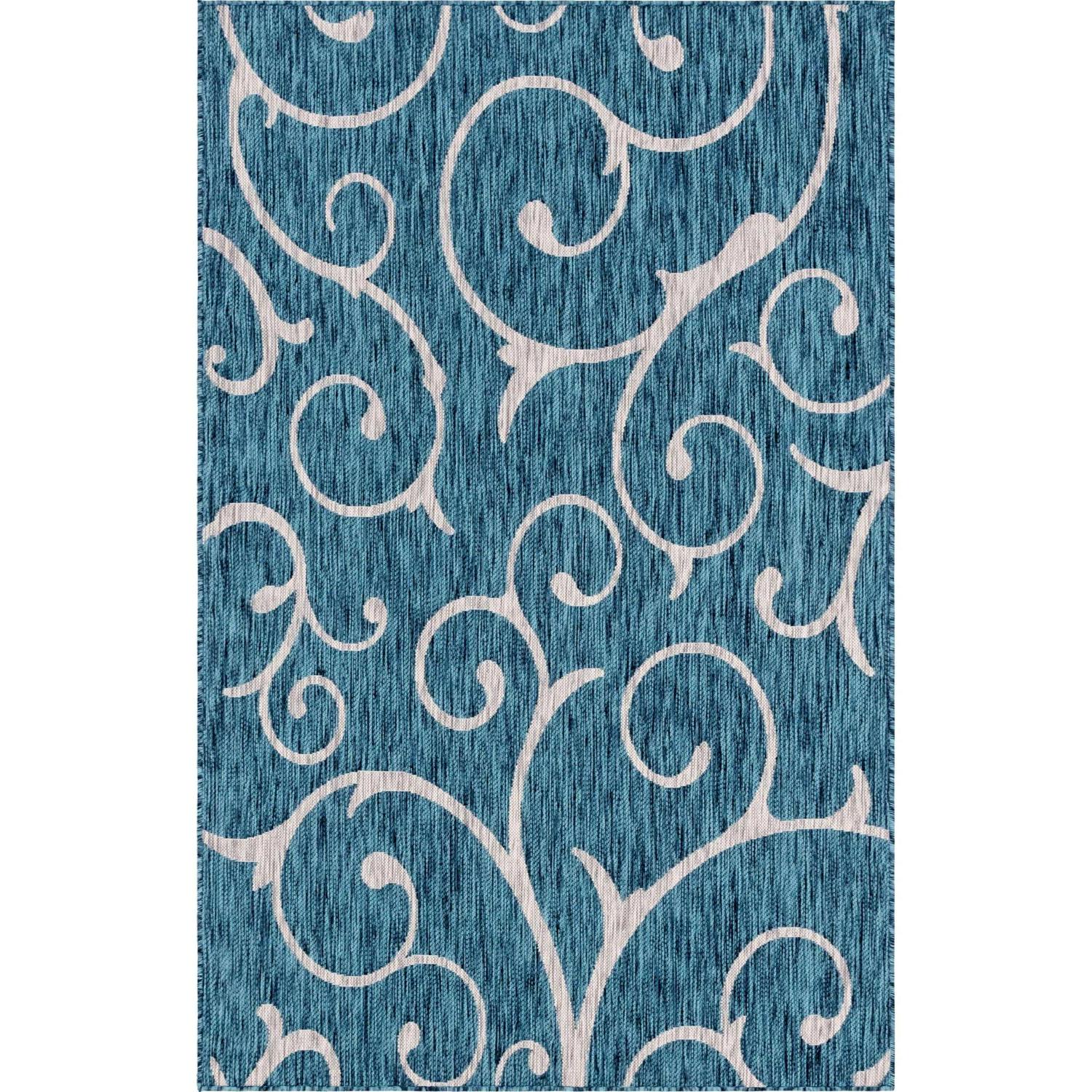 Unique Loom Botanical Indoor/Outdoor Rug, Teal/Ivory, 5&prime; x 8&prime; Rectangle, Polypropylene, Damask Pattern