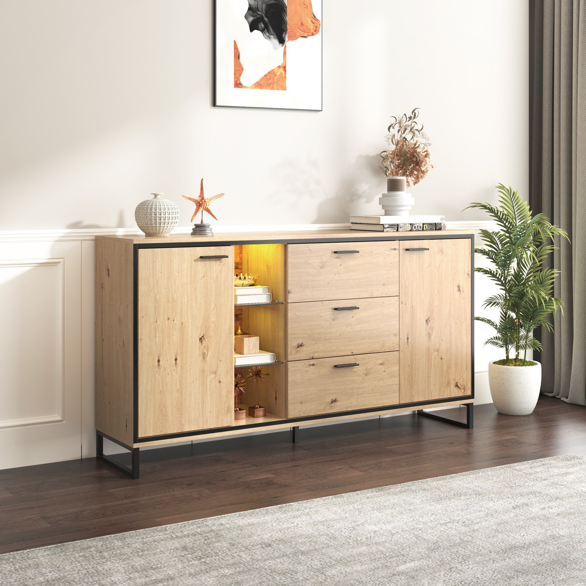 Modernes Sideboard mit 3 Schubladen und 2 Türen, mit LED-Beleuchtung und viel Stauraum,Schwarz und Holzfarbe