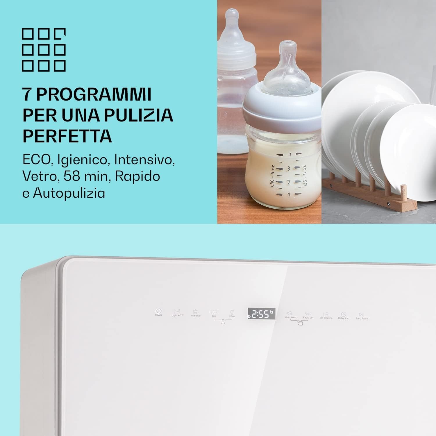 Klarstein Lavastoviglie 5 Coperti, Libera Installazione Silenziosa con 6 Programmi di Lavaggio, Piccola, Mini da Tavolo Compatta e Facile da Installare, Vetro, Bianco