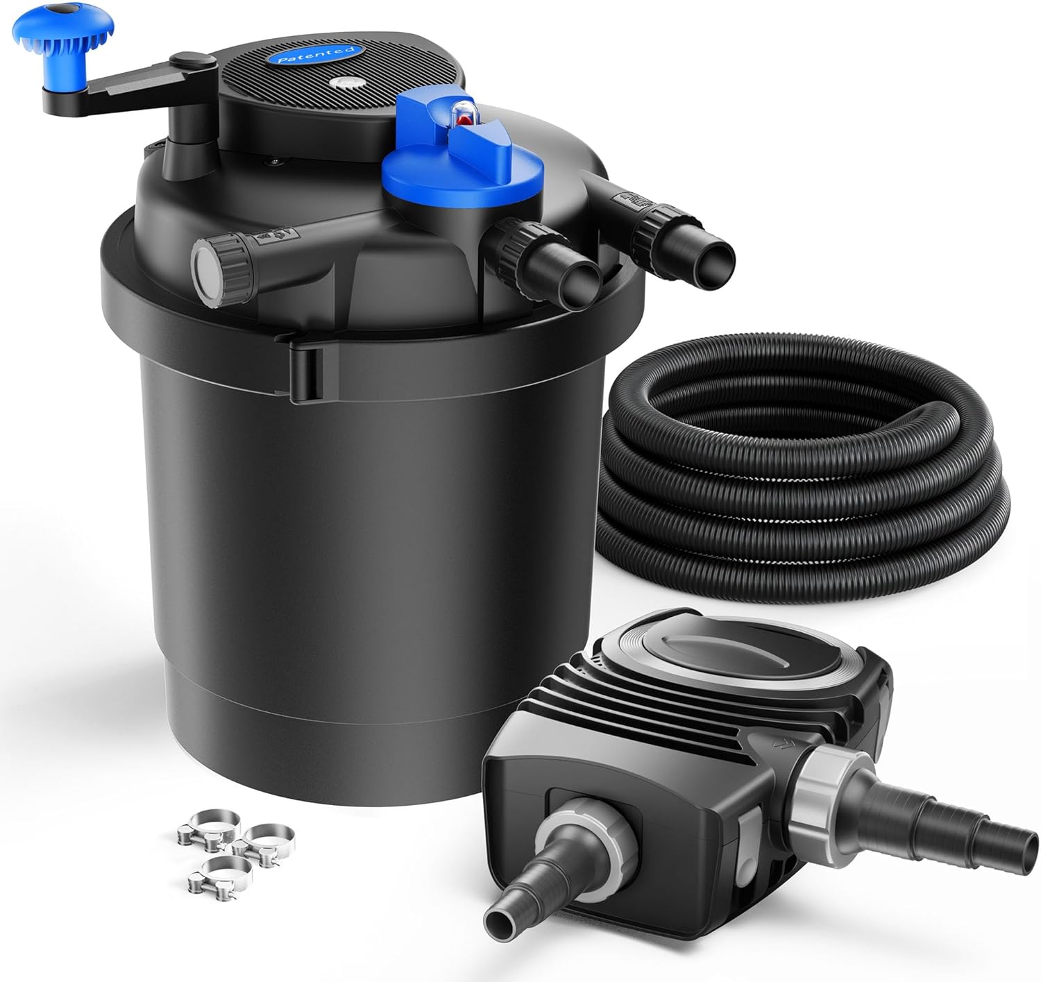 SunSun Komplettset: CPF-2500 Teichdruckfilter bis 6000 L mit 11 Watt UV-C Teichklärer, NEO-2800 SuperECO Teichpumpe 3000l/h 10W, 5m Teichschlauch 32 mm (1 1/4