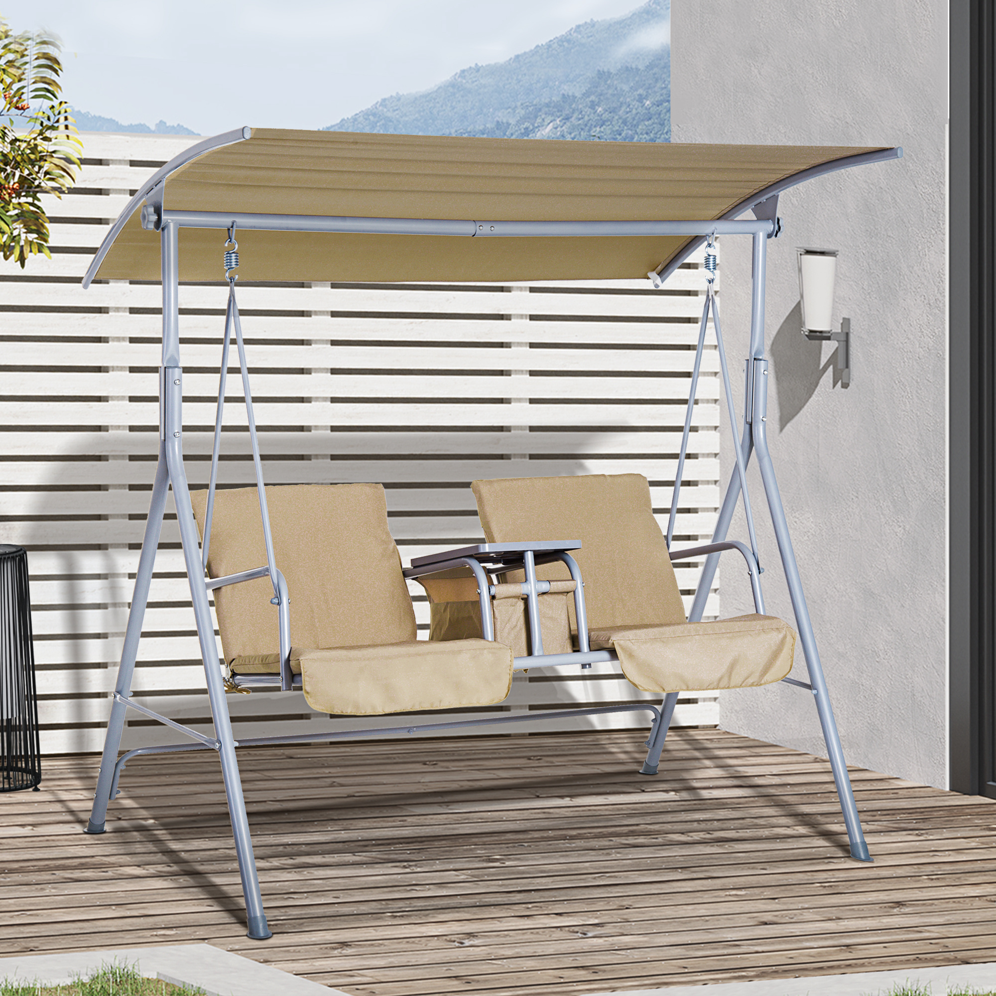 Outsunny Hollywoodschaukel Gartenschaukel Schaukel 2-Sitzer mit Sonnendach Beige 175 x 112 x 165 cm