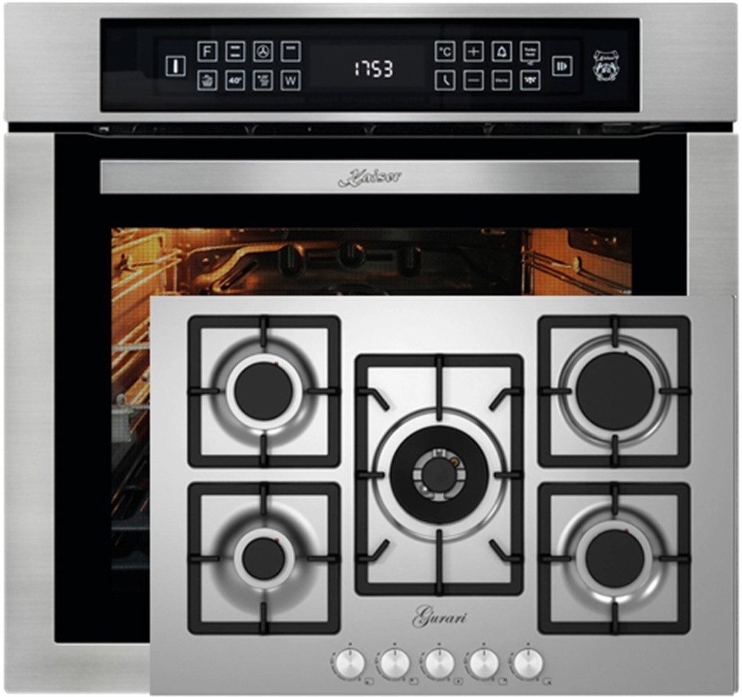 Backofen-Set Herd Set Autark Einbaubackofen,Edelstahl,79L 15 Fkt., 60 cm+Gas-Kochfeld 75 cm, Edelstahl, 4,0 KW WOK, 5 Gasbrenner,Erdgas, FL.Gas EH 6306 R+ GCH FQ 755