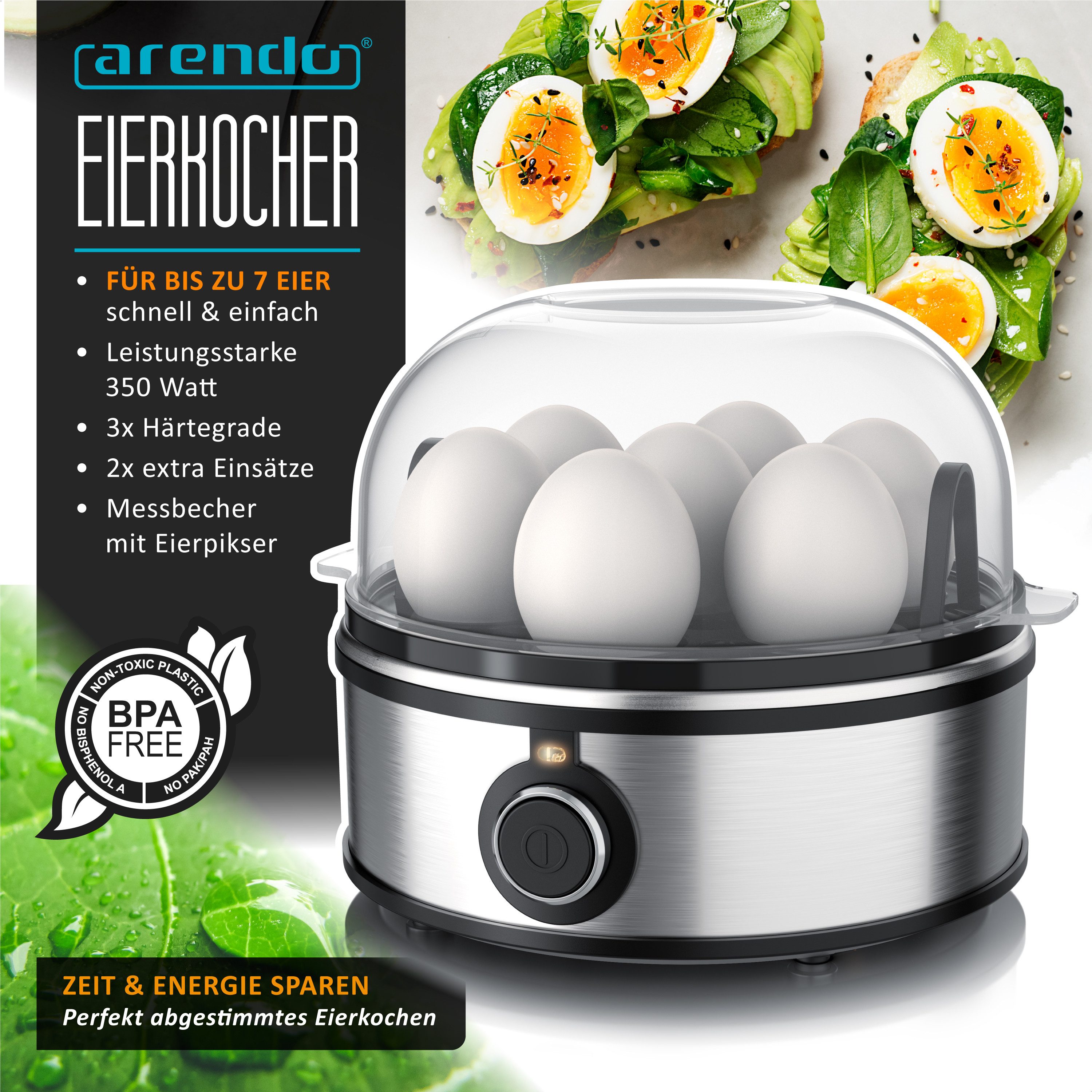 Eierkocher für 1–7 Eier, Edelstahl, 3 Härtegrade, mit Warmhaltefunktion, 7-Fach