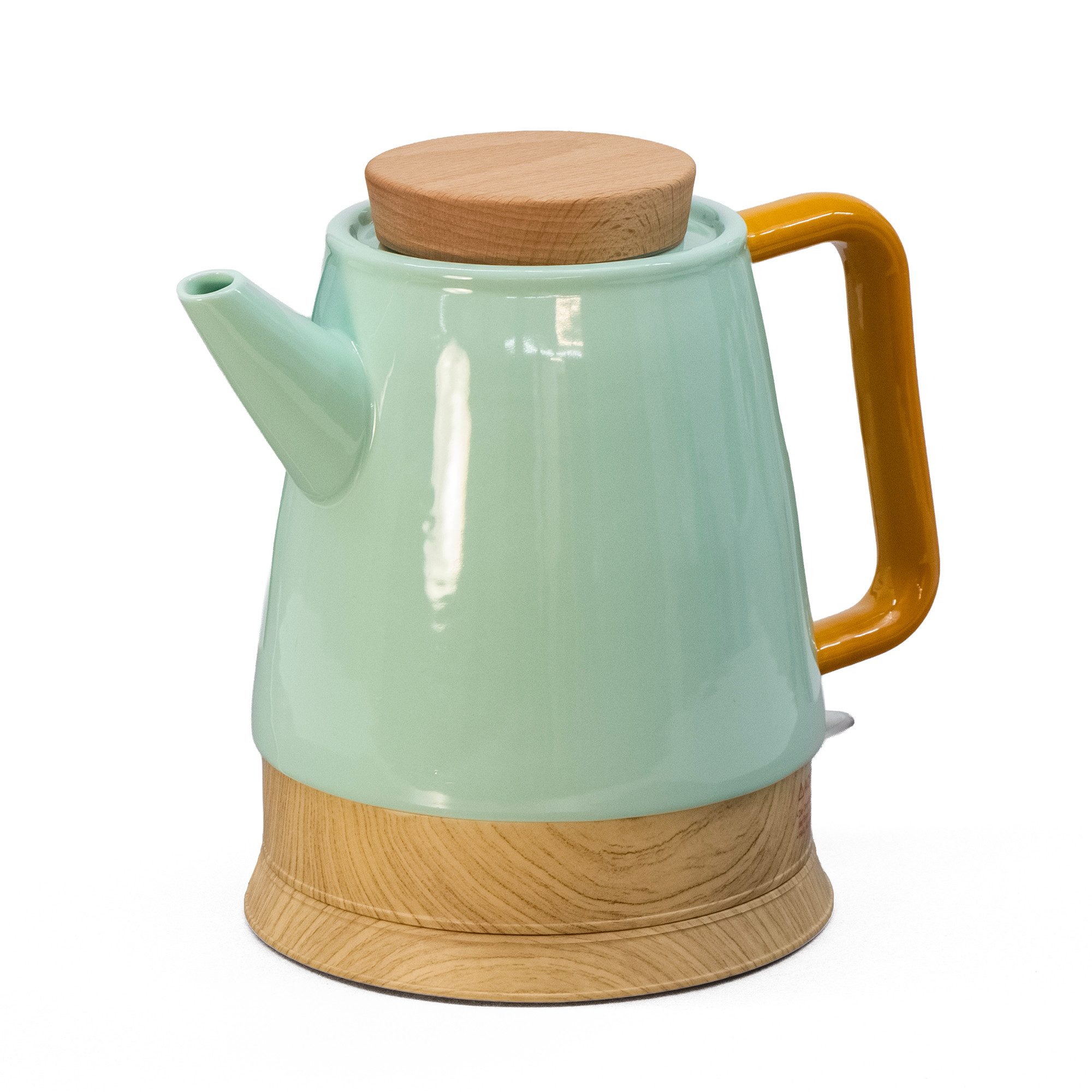 Wasserkocher Keramik-Wasserkocher 1,5 l mint/holz mit Holzdeckel, Grün/Mint
