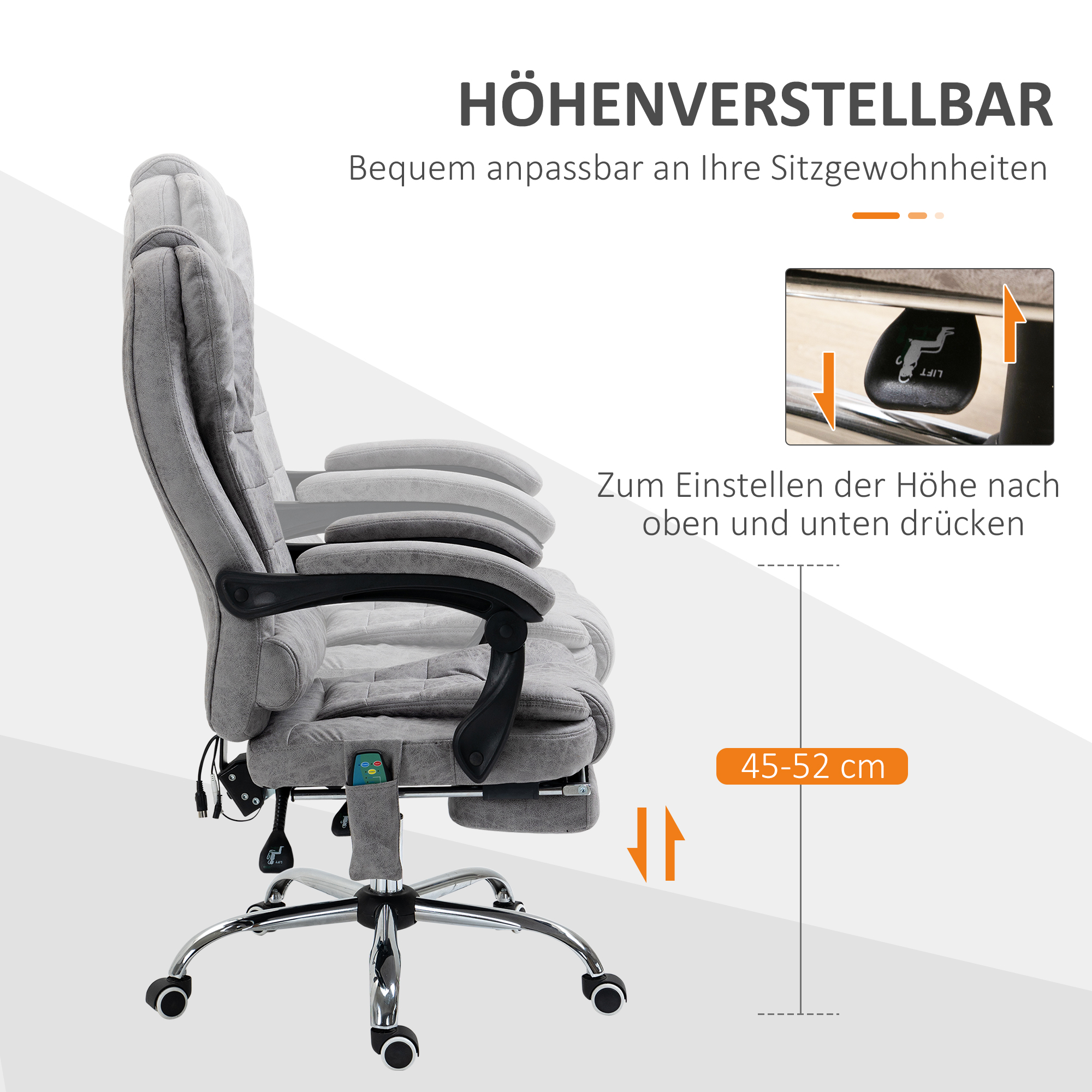 Vinsetto Bureaustoel met Massagefunctie, Ergonomische Bureaustoel met Leun- & Warmtefunctie, Afstandsbediening, Grijs