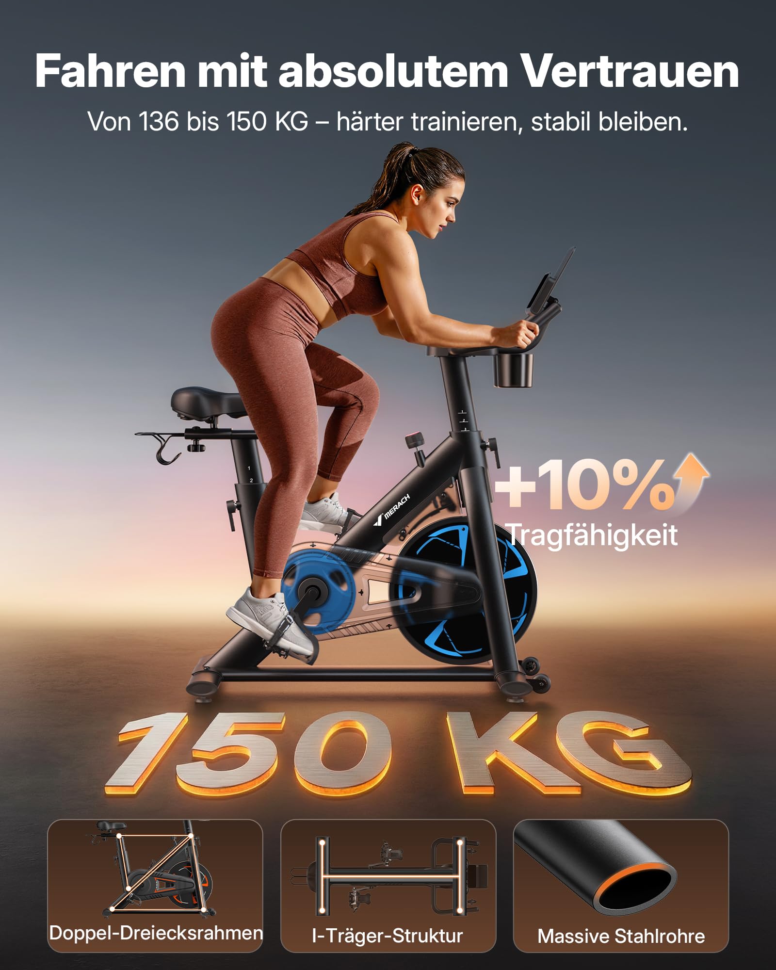 MERACH PRO Heimtrainer Fahrrad 8 kg Schwungrad leise Magnetbremse H Rahmen Luftkissensattel App bis 150 kg