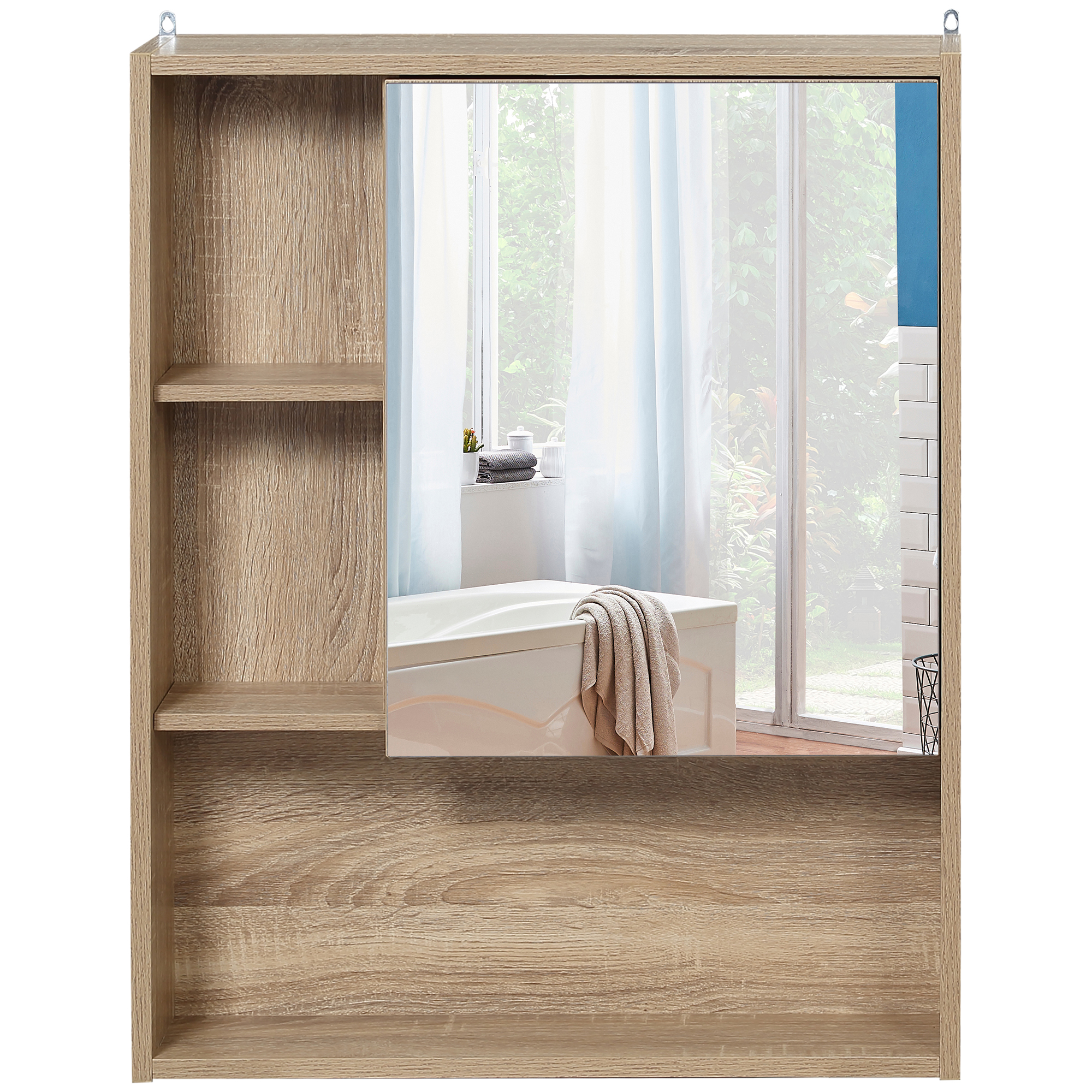 HOMCOM Wandspiegel mit Spiegel für Badezimmerschrank Hängendes Aufbewahrungsmöbel Farbe Eichenholz Maße 60L x 15B x H76 cm