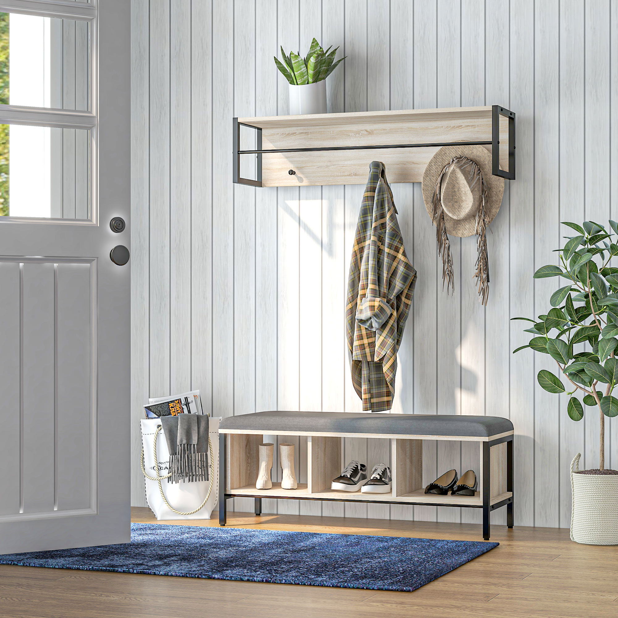 HOMCOM 2-in-1 Eingangsmöbelset Schuhablagebank mit 3 Fächern und Wandgarderobe mit 3 Haken und Stange Natur und Schwarz