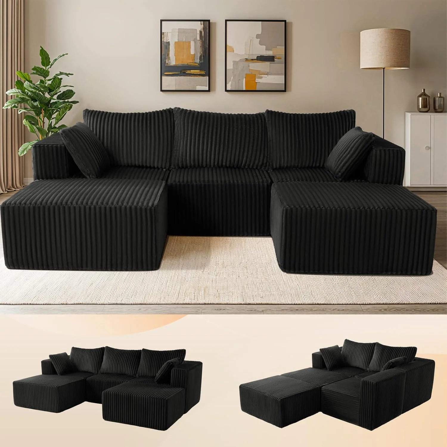 Beige U-Shaped Modular Sofa in Cloud Plush Corduroy