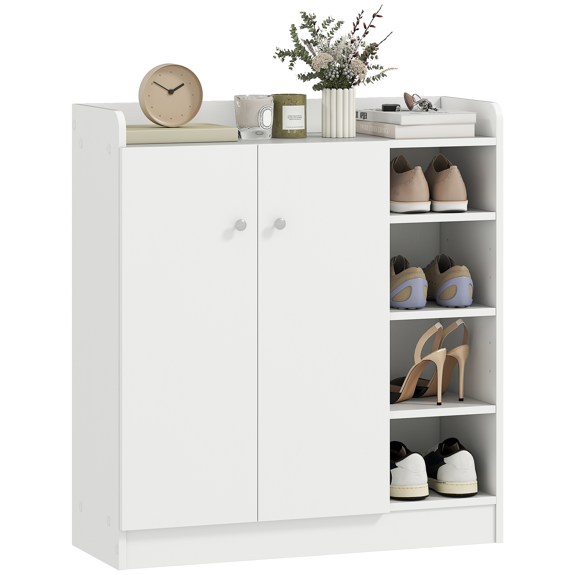 HOMCOM Schuhschrank Schuhregal Allzweckschrank Kommode Dielenschrank Highboard Schrank Ablage Regal 2-Türig 4 Fächer Spanplatte Weiß 83 x 30 x 90 cm