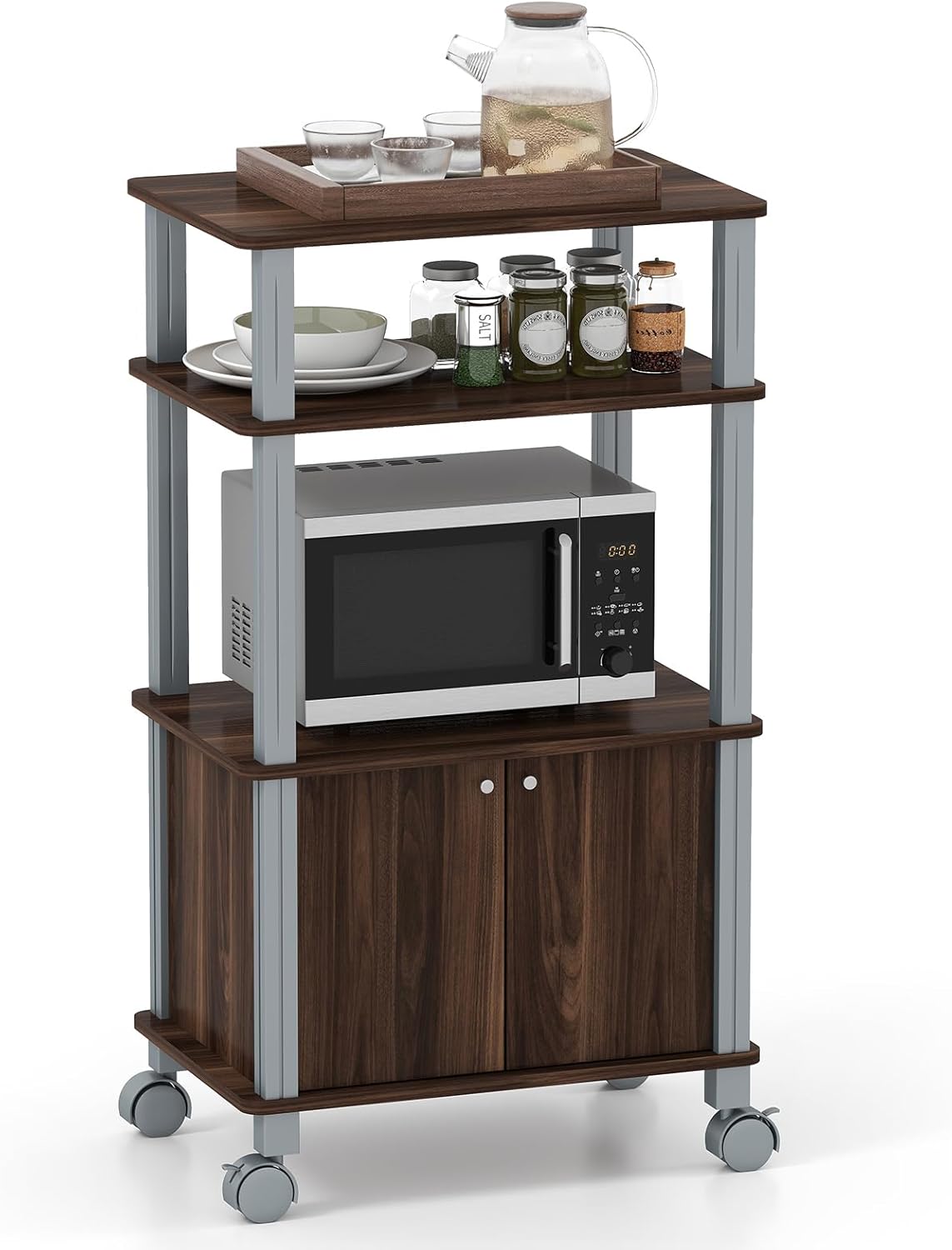 COSTWAY Scaffale da Cucina per Microonde Carrello da Cucina, con Ruote e 2 Ante, Multifunzionale e Movimento Flessibile, 60x40x98 cm (Naturale)