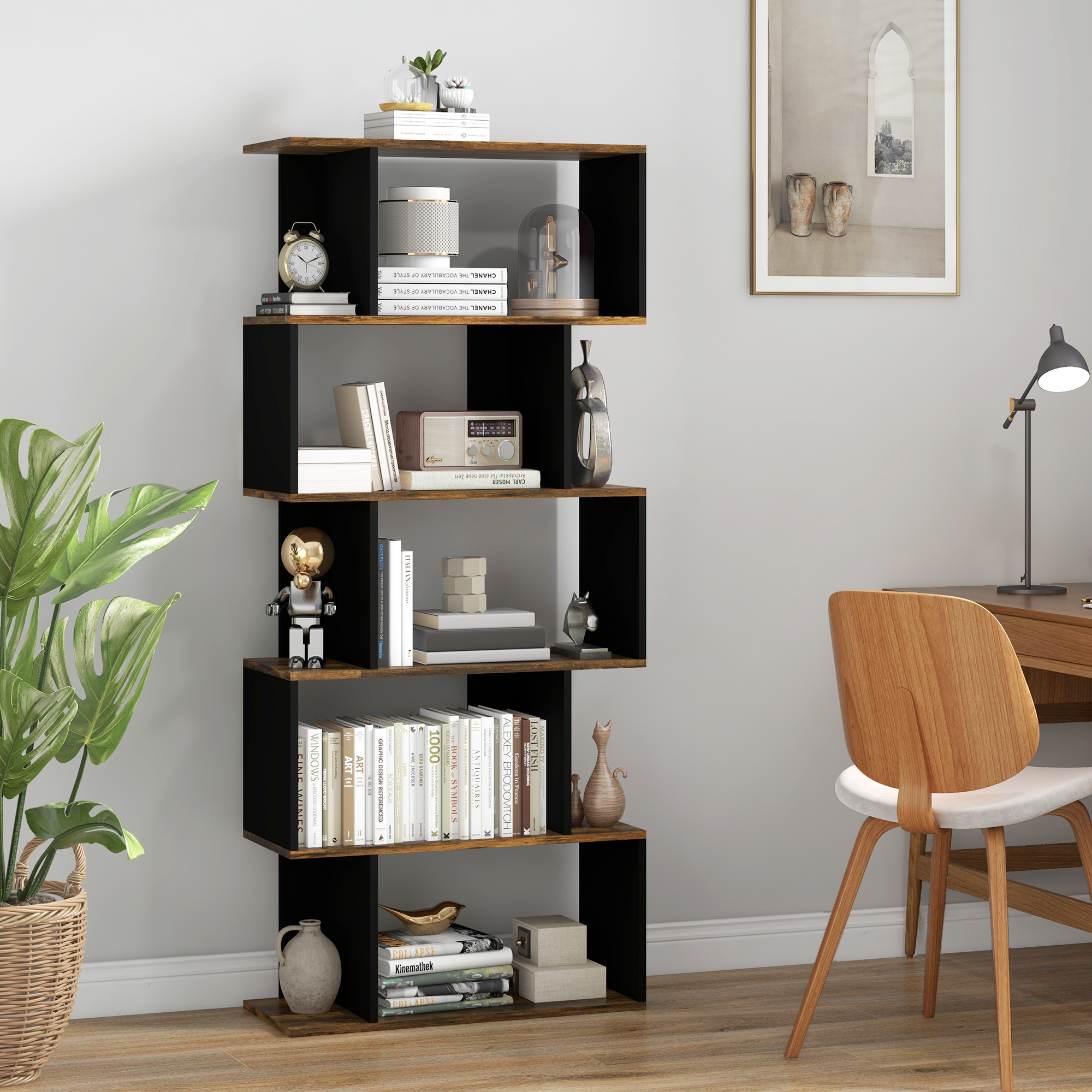 HOMCOM Asymmetrisches Modernes Wandregal mit 5 Regalen aus Holz, 70x29.5x163cm, Rustic Brown
