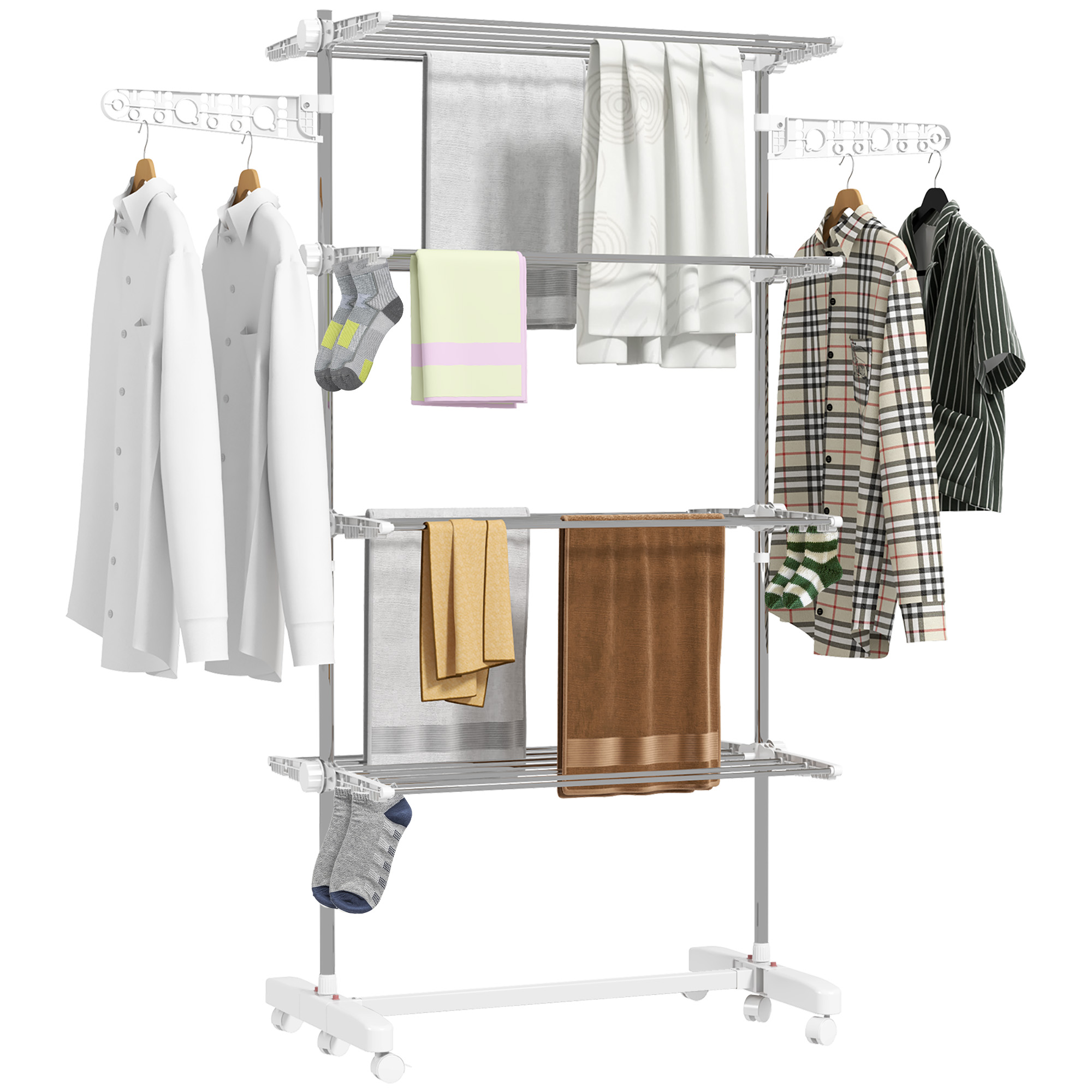 HOMCOM Mobiler Wäscheständer mit Rollen, 4 Ebenen, klappbar, Edelstahl, rostfrei, weiß+silber, 142 x 55 x 172 cm
