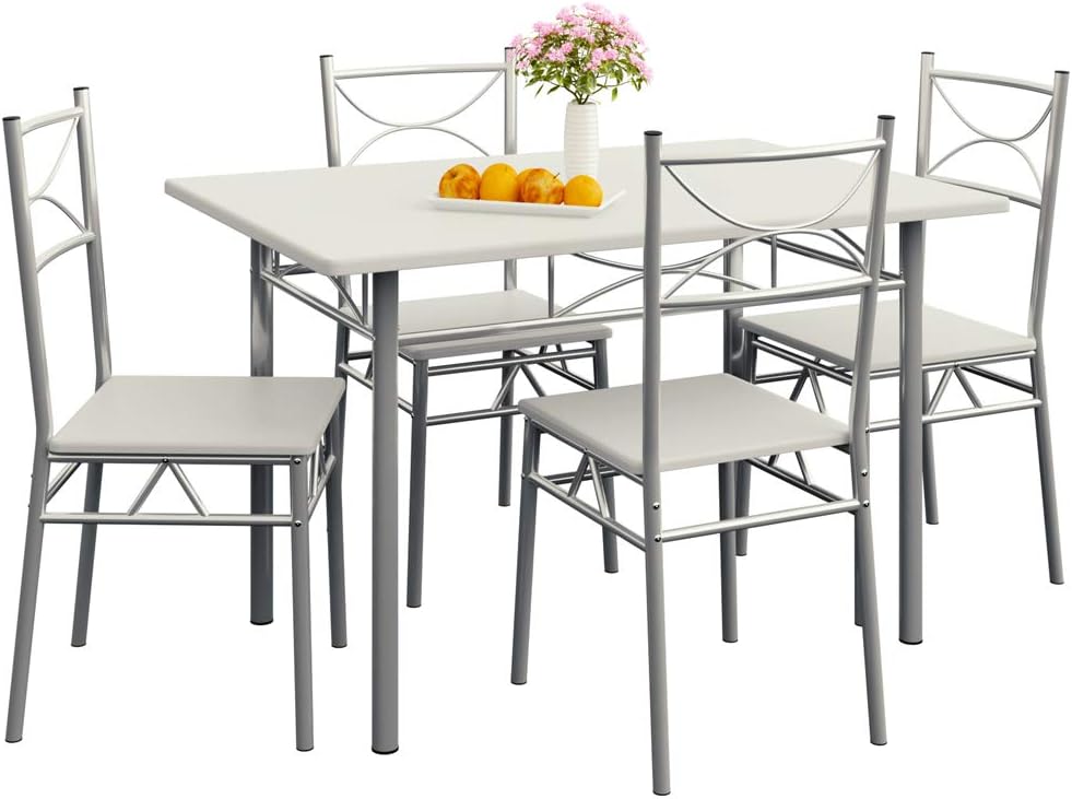 CASARIA® Conjunto Mesa y Sillas de Comedor Set de Muebles de Cocina Juego Completo Blanco 110x70cm Madera MDF 5 Pzs.Tipo Industrial Ahorra Espacio para 4 Personas