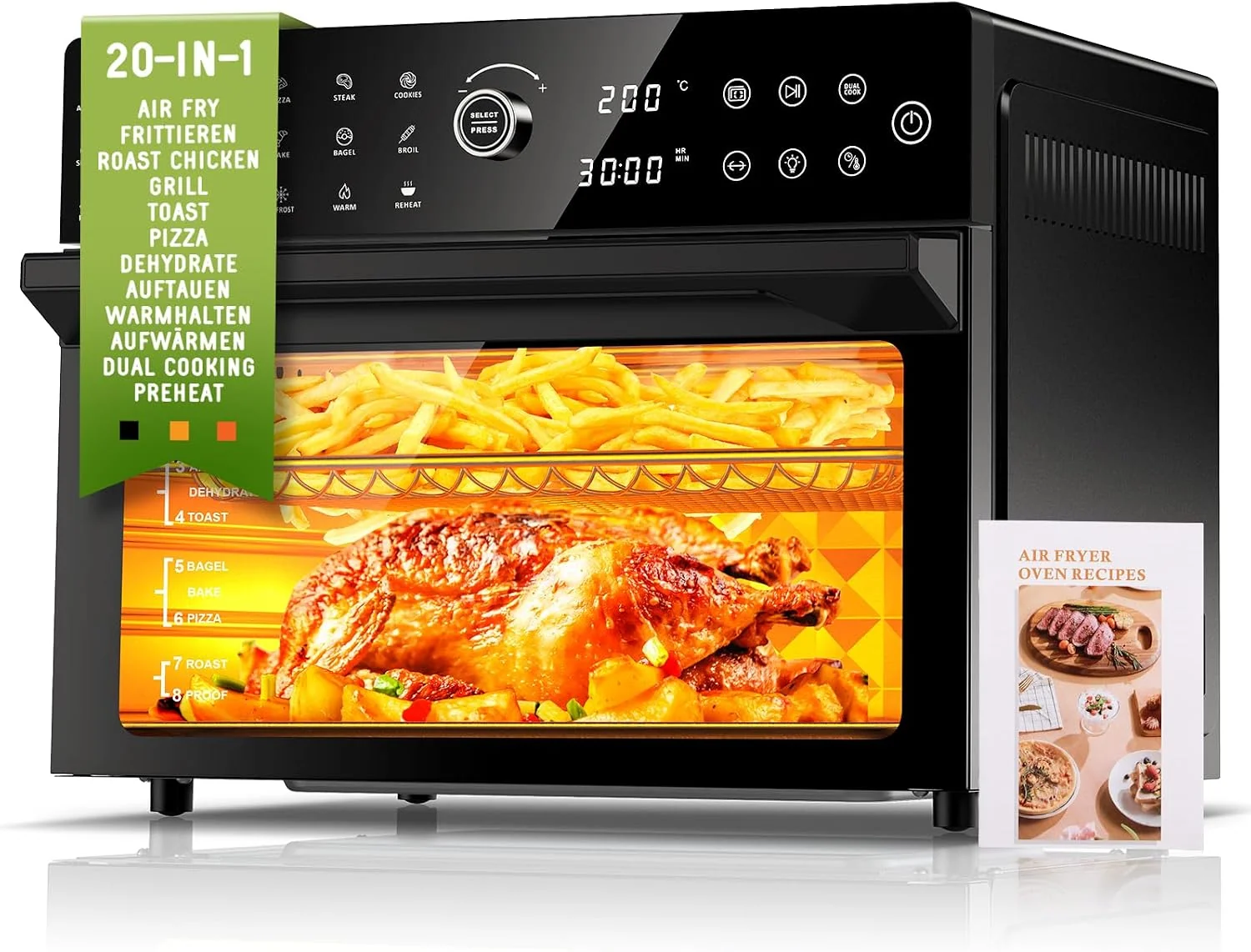 30L Heißluftfritteuse XXL Minibackofen mit LED-Touchscreen, 1800W Heissluftfritteuse Air Fryer Oven ohne Öl, 8h Timer, Rezeptbuch,7 Anhänge