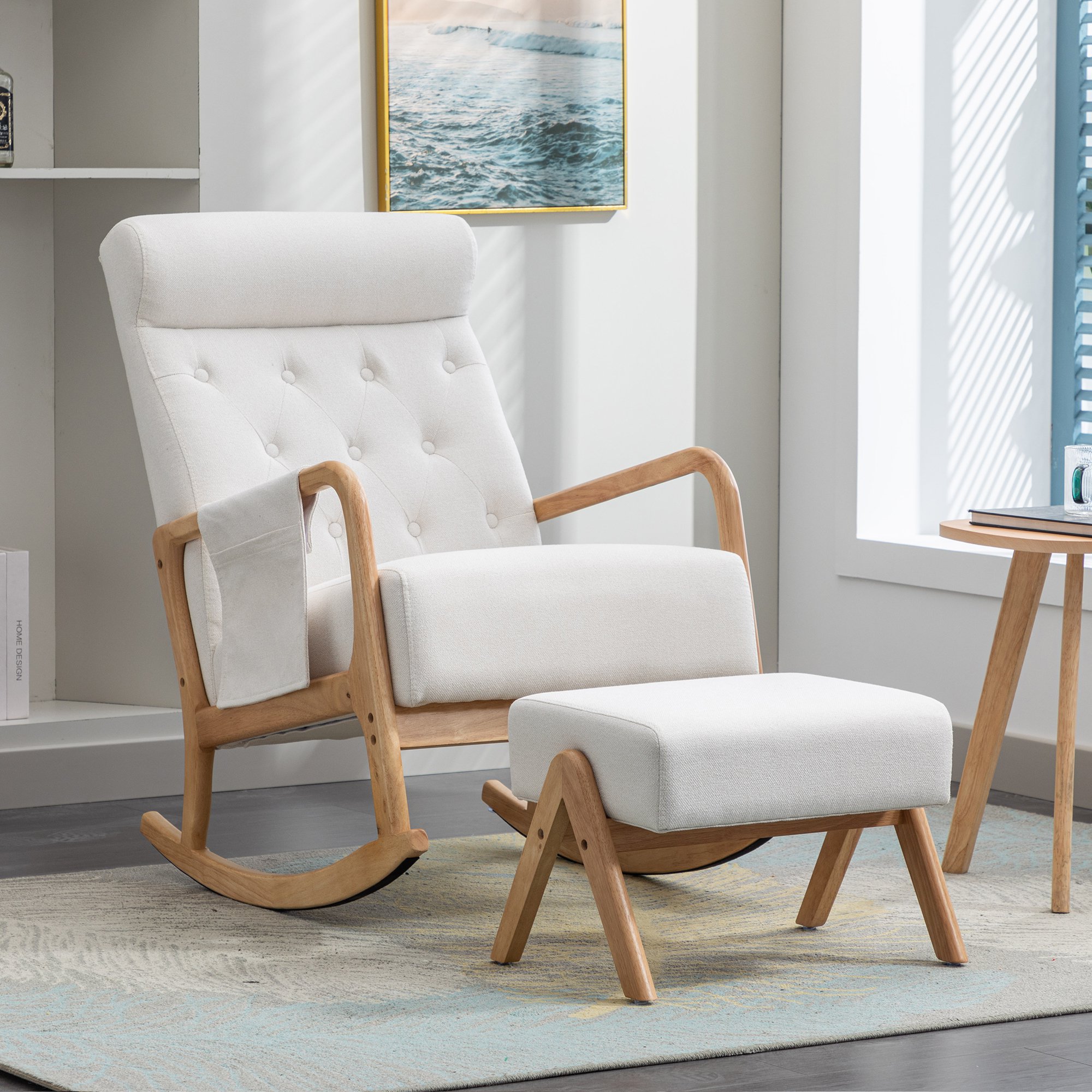 Schaukelstuhl mit Hocker - Ergonomisch, mit Fußstütze, hochwertiger Stoff, massives Holz, 65x85x94 cm, Beige