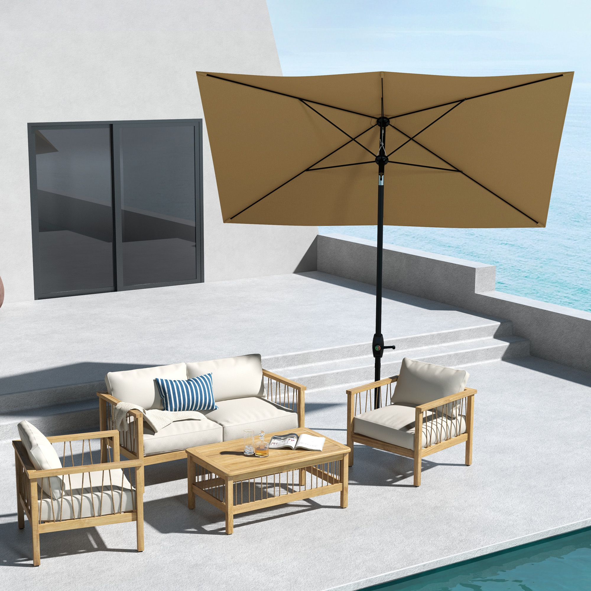 Outsunny Rechteckiger Sonnenschirm neigbar 2 x 3 m mit Kurbel wasserdichte Polyesterbespannung 180 g/m² in Braun