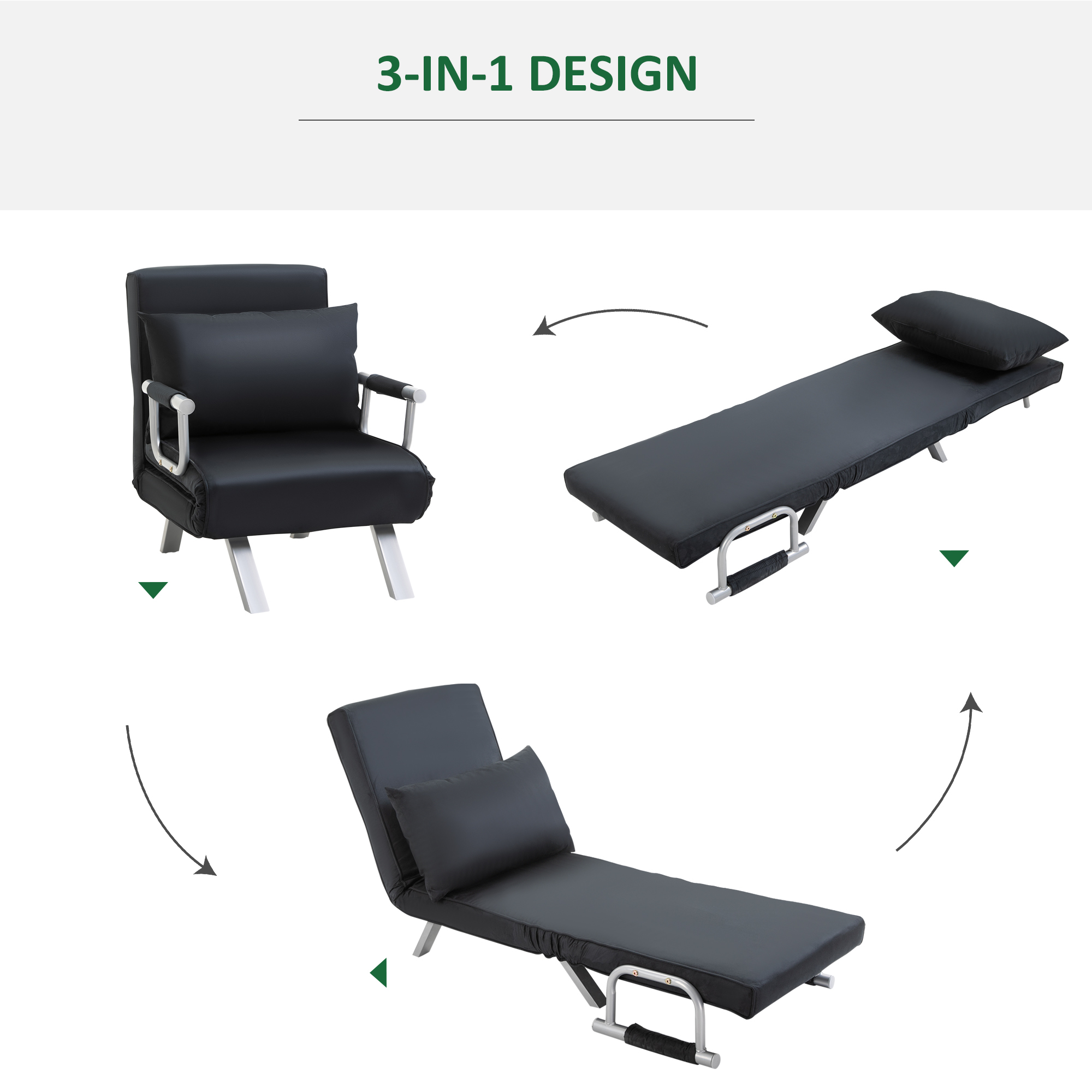 3-in-1 slaapbank, logeerbed, fauteuil inclusief kussens, zwart