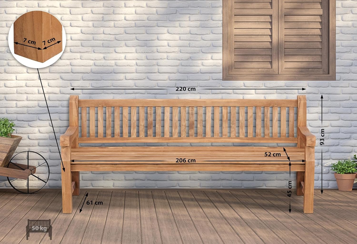 CLP Teakbank Jackson V2 I Wetterfeste Holzbank mit Rückenlehne I Stabile Gartenbank aus massivem Teakholz, Farbe:Teak, Größe:220 cm