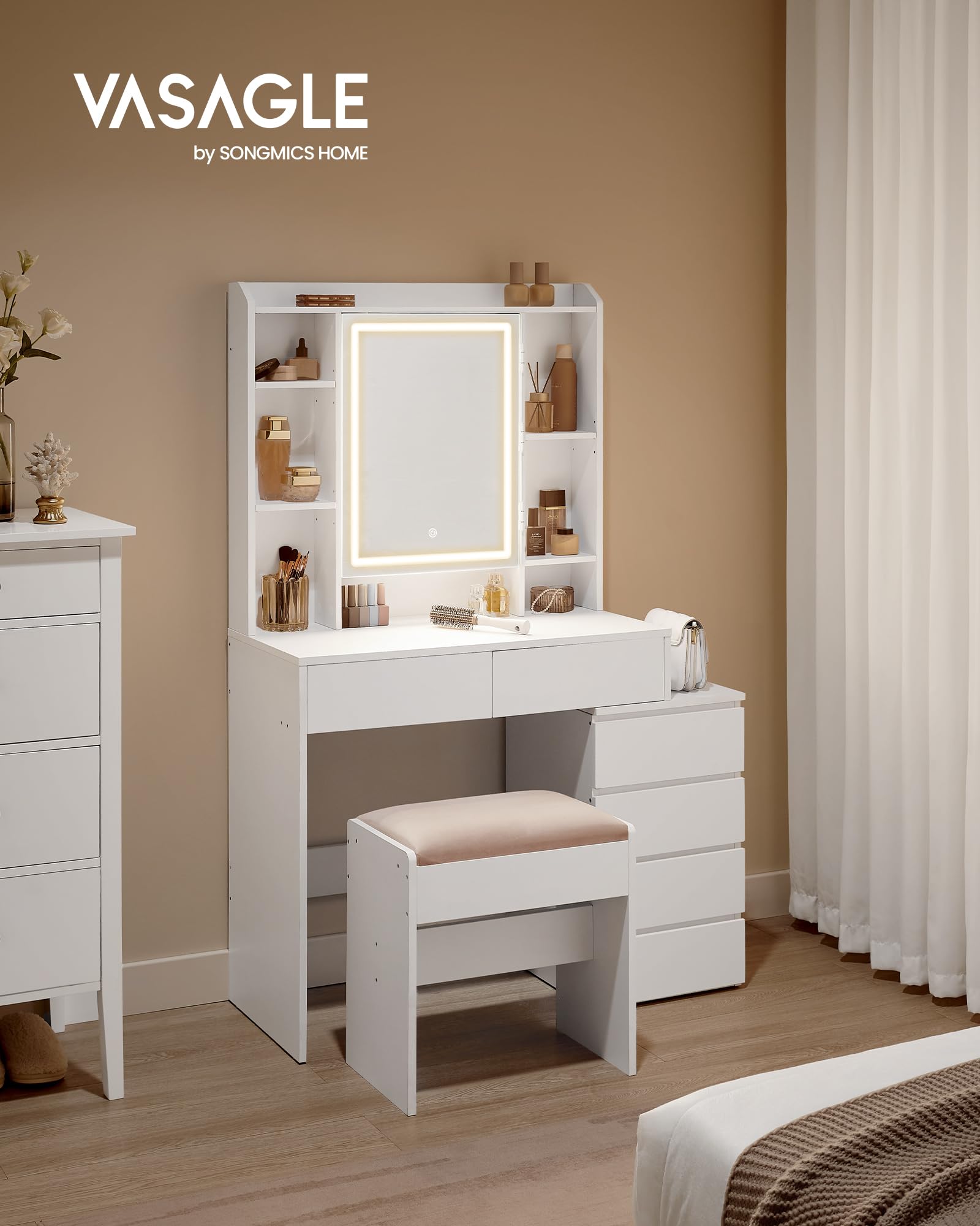 VASAGLE Schminktisch mit LED Beleuchtung Hocker und Spiegel Frisiertisch Make up Tisch für Schlafzimmer