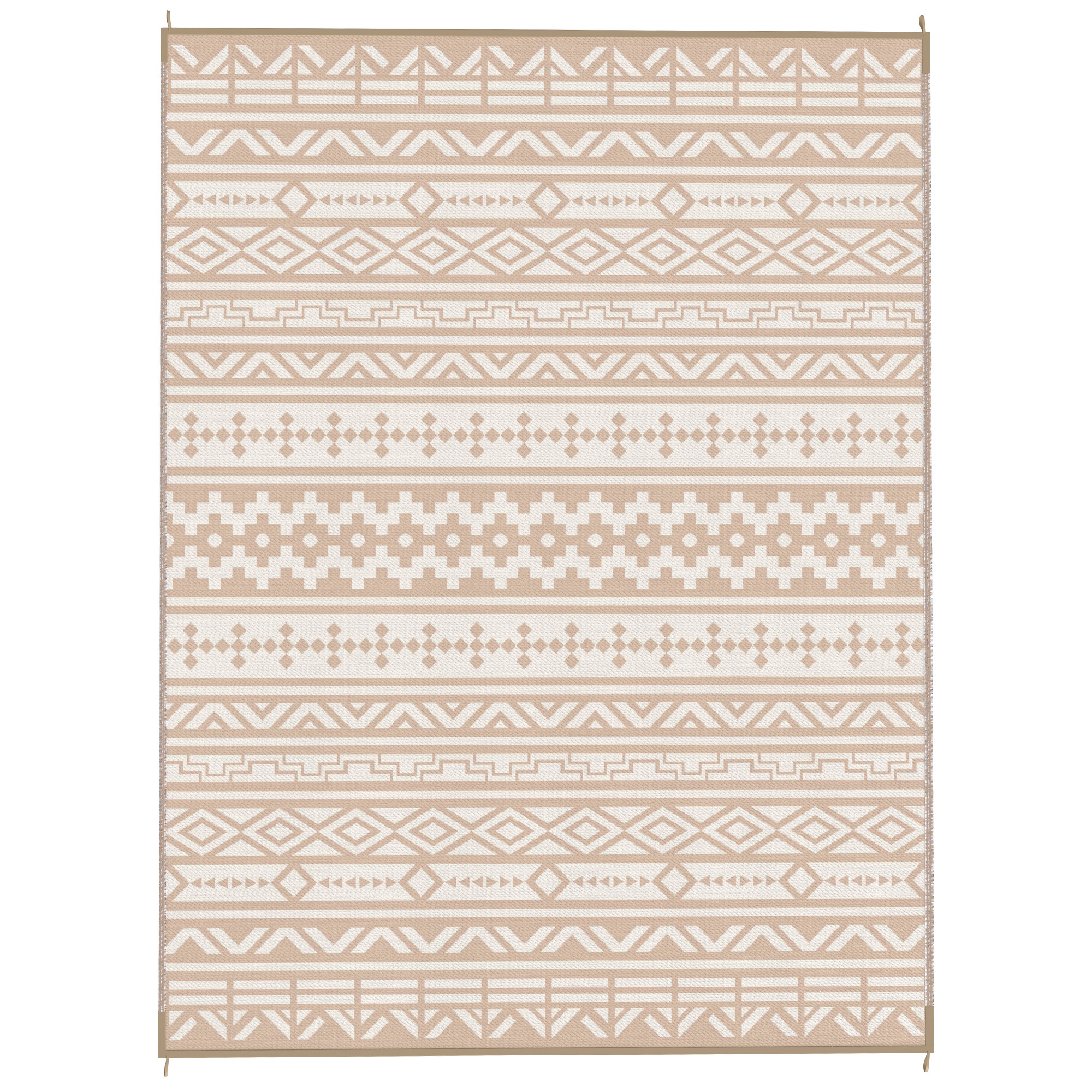 Outsunny Outdoor-Teppich, beidseitig verwendbar 3,7 x 2,7 m, Bodenteppich mit geometrischem Mauerdesign aus PP, Transporttasche in Khaki und Beige