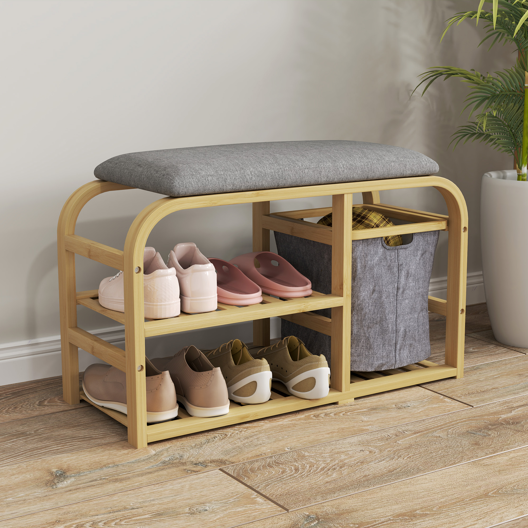 HOMCOM Schuhablagebank mit gepolsterter Sitzbank, Latten-Design und herausnehmbarem Korb, 70x30x45 cm, Holz