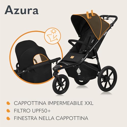 LIONELO AZURA Passeggino per Jogging da 6 mesi a 22kg Passeggino a Tre Ruote, Schienale Regolabile Completamente Reclinabile Grandi Ruote Gonfiabili Sospensione Completa Cappottina XXL : Prima infanzia