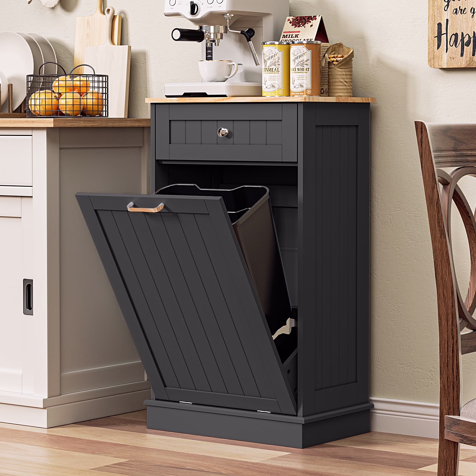 HARIPUL Single Tilt Out Trash Cabinet for 13 Gallon Waste Bin, Free Standing Kitchen Trash Can Cabinet with Drawers, White