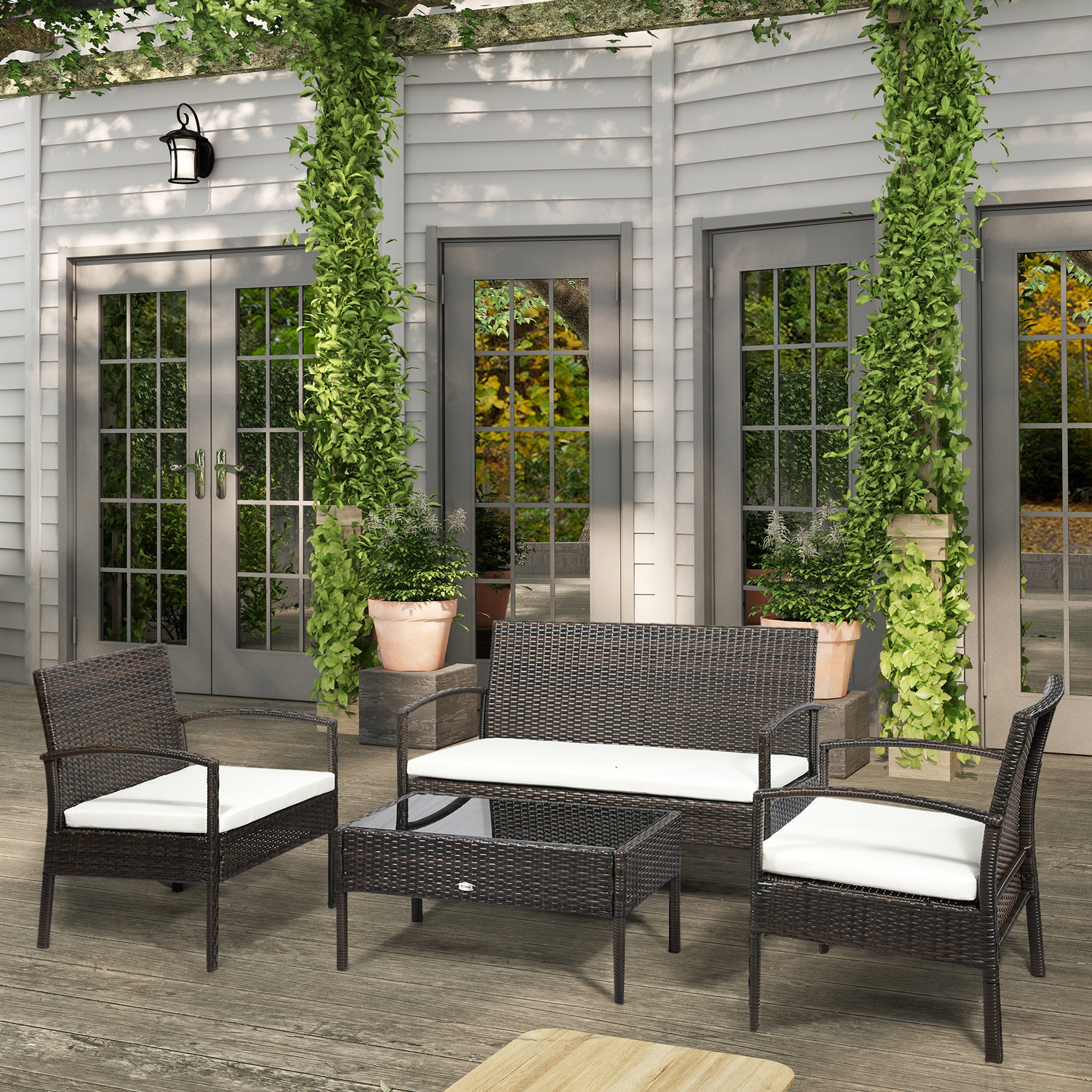 Outsunny Polyrattan Gartenmöbel Set für 4 Personen Rattensofa-Set Sitzgarnitur Braun+Cremeweiß