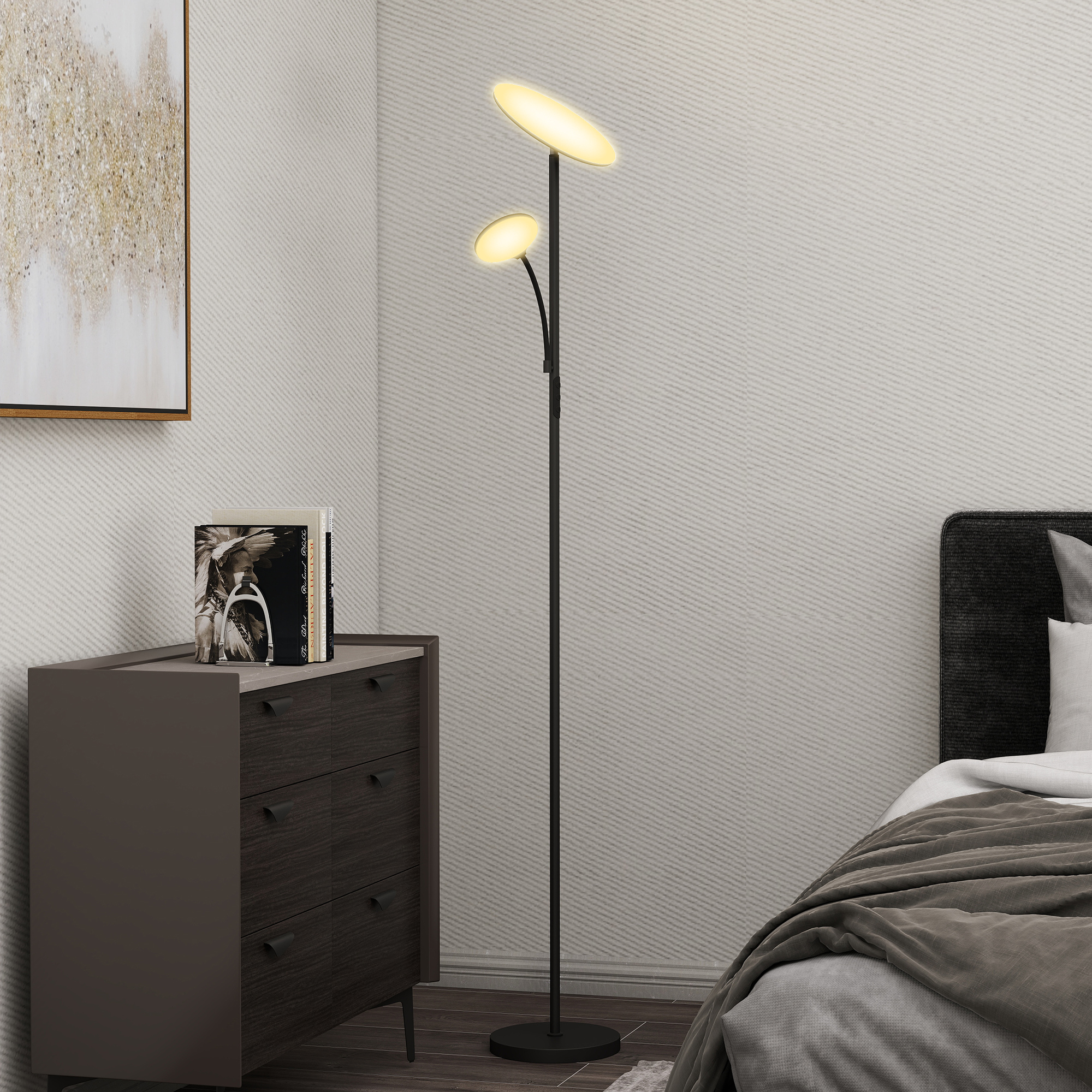 HOMCOM Stehleuchte mit 2 Lichtpunkten in 4 Stufen einstellbar, Temperatur 2700K-6500K und Fernbedienung, Schwarz