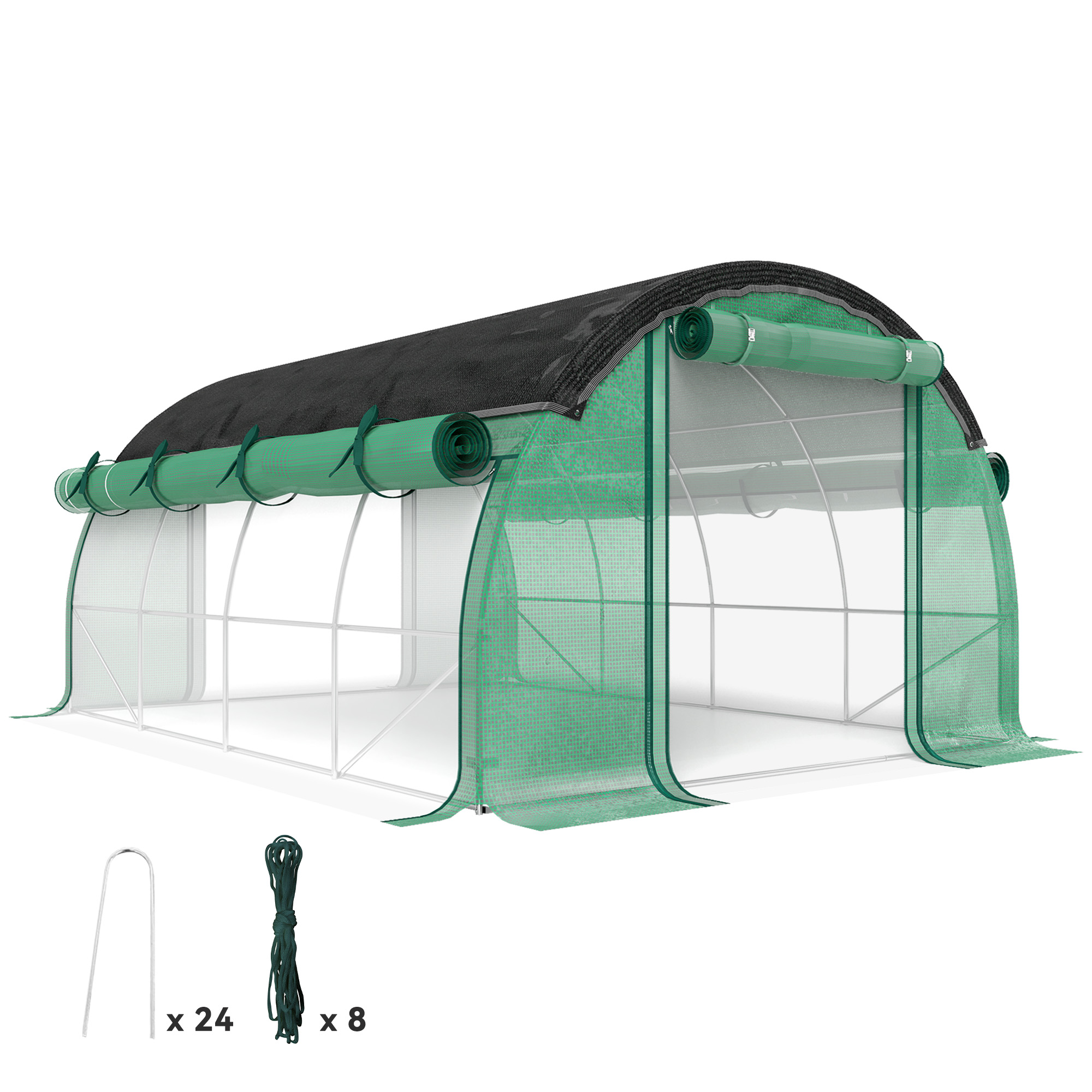 Outsunny 4 x 3 x 2 m Polykastunnel met Zonneschermnet, Oprolbare Zijwanden, Plastic Afdekking, Stalen Frame, Groen